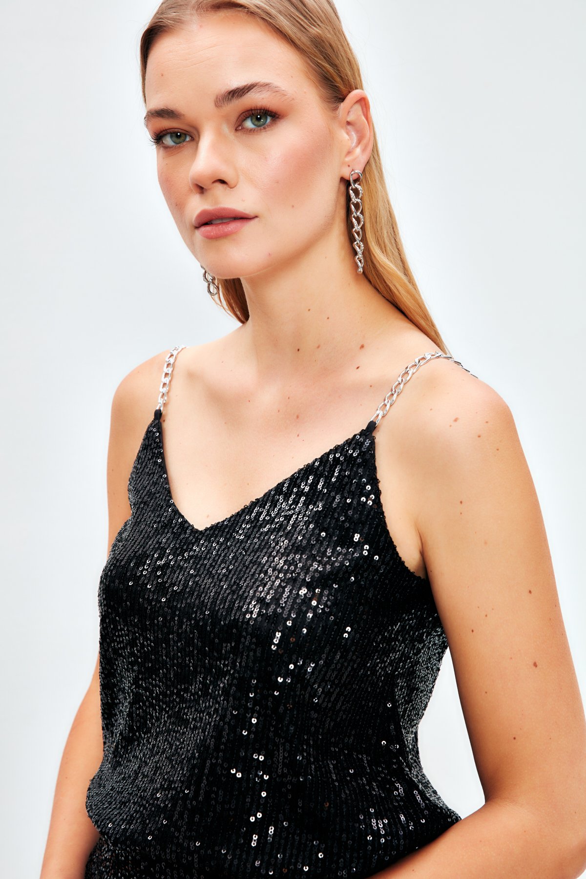 Chain Strap Sequin Blouse - BLACK