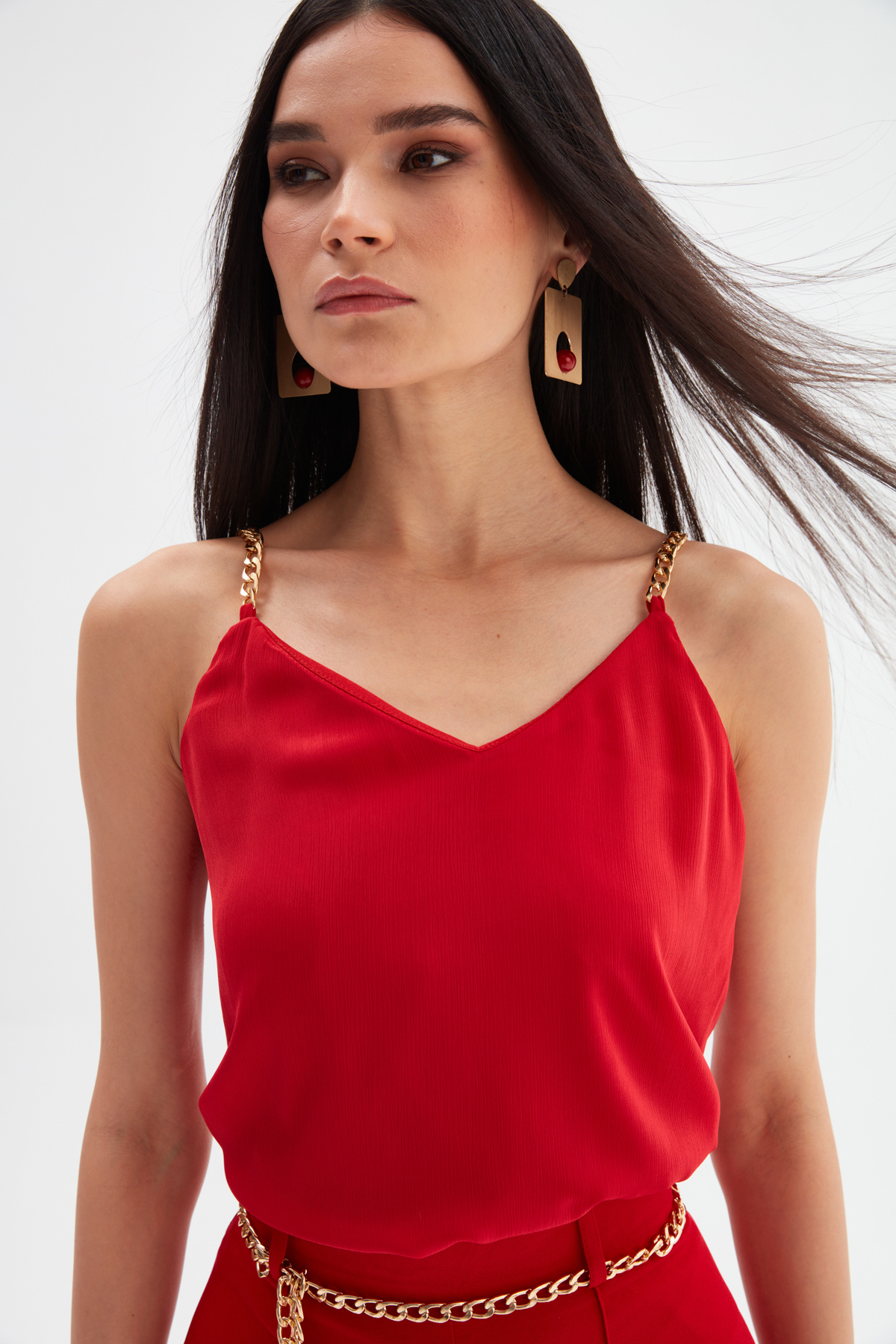 Zincir Askılı Salaş Bluz - KIRMIZI