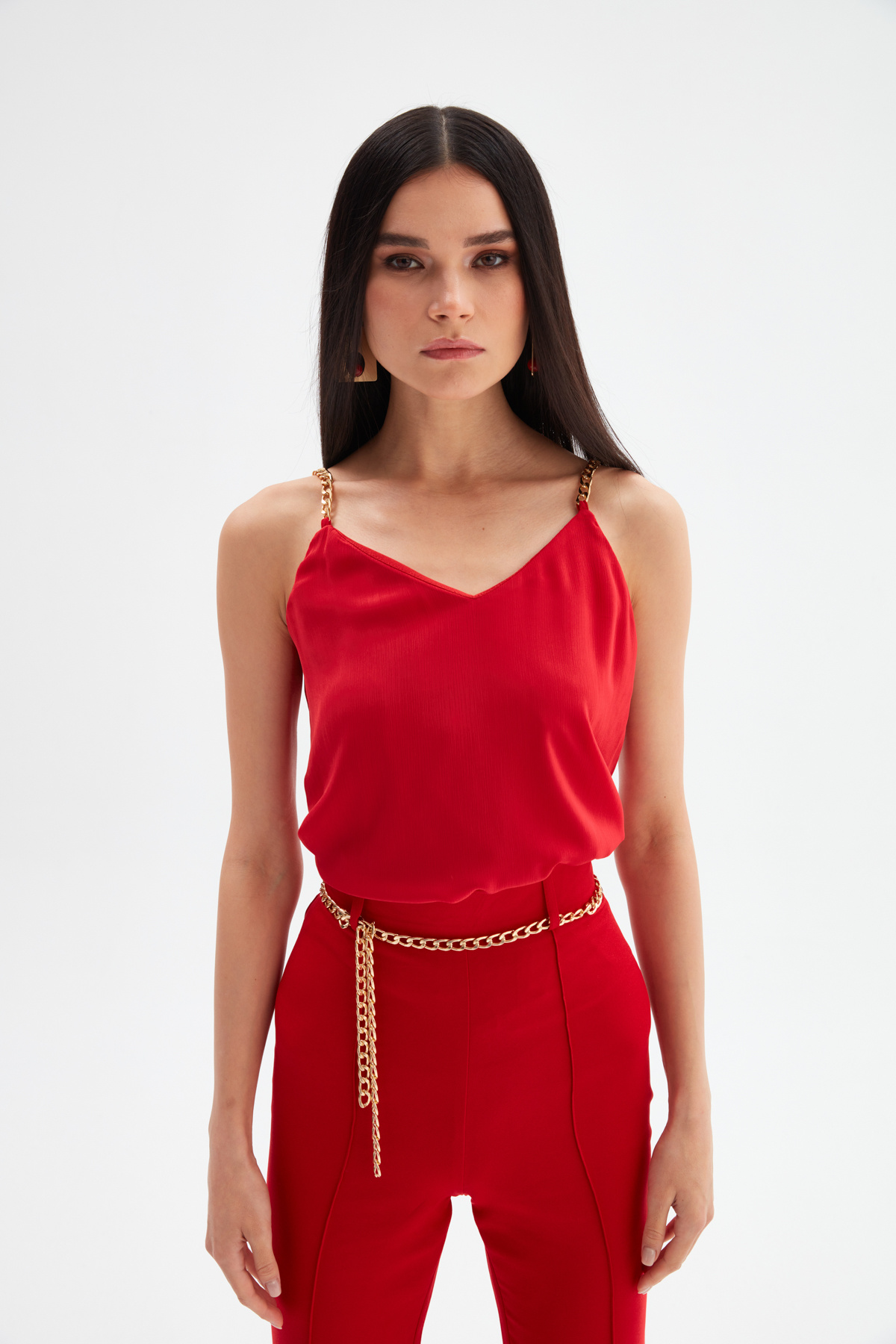 Zincir Askılı Salaş Bluz - KIRMIZI