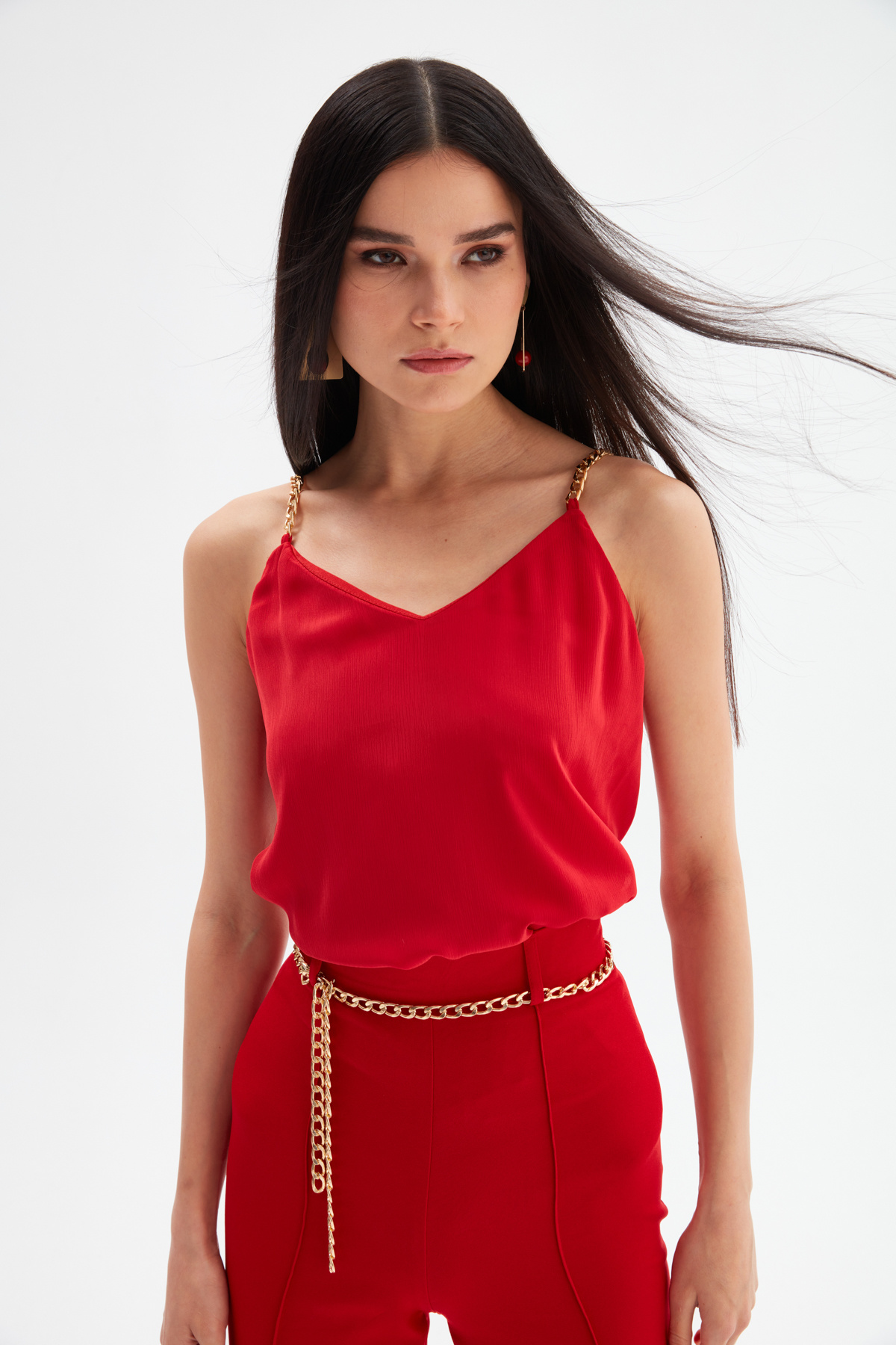 Zincir Askılı Salaş Bluz - KIRMIZI