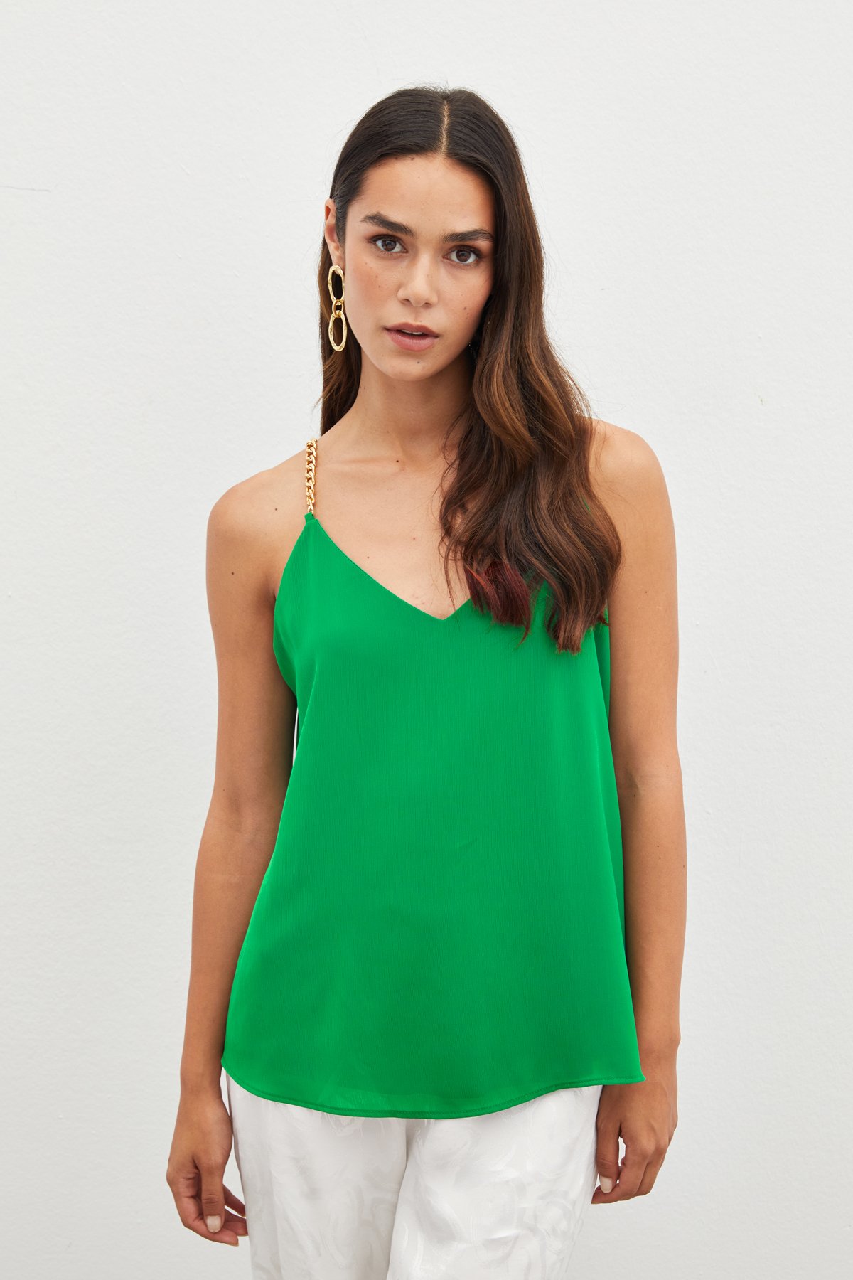 Chain Strap Loose Blouse - GREEN