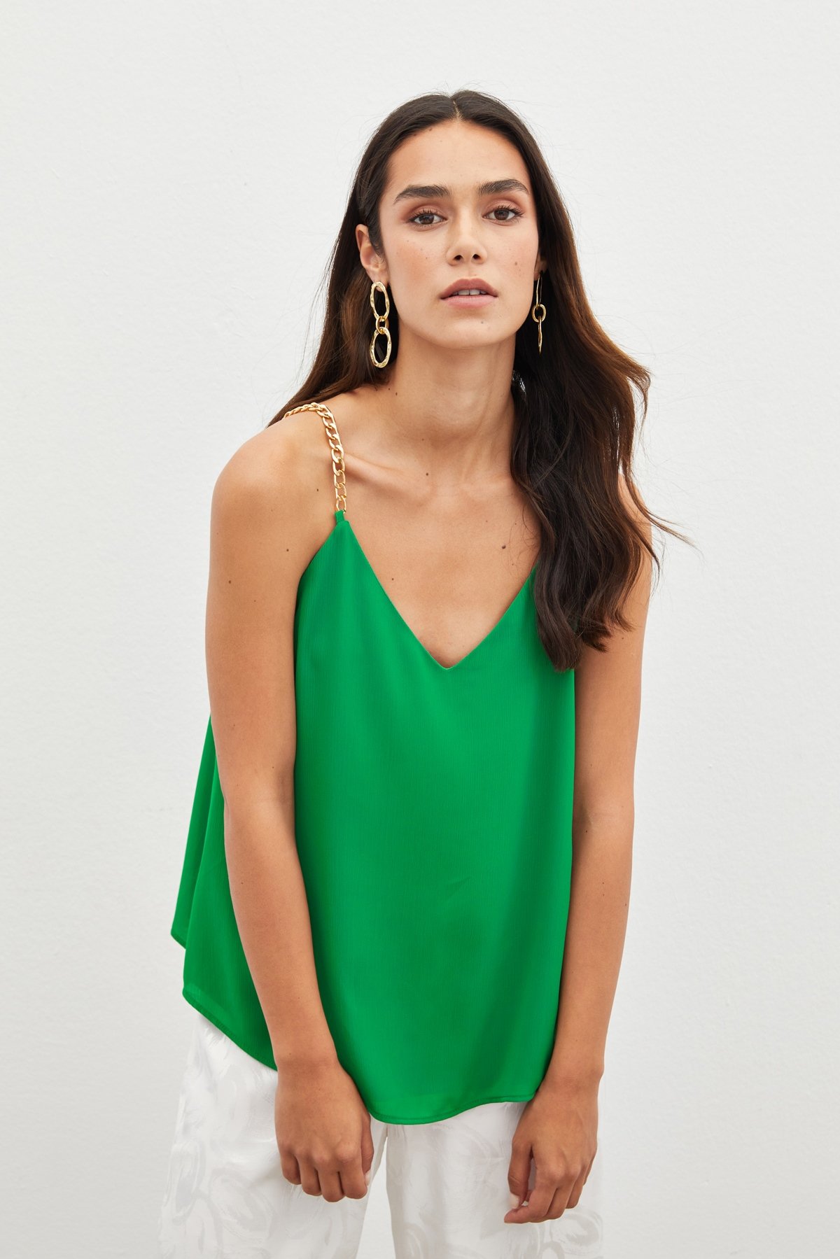 Chain Strap Loose Blouse - GREEN