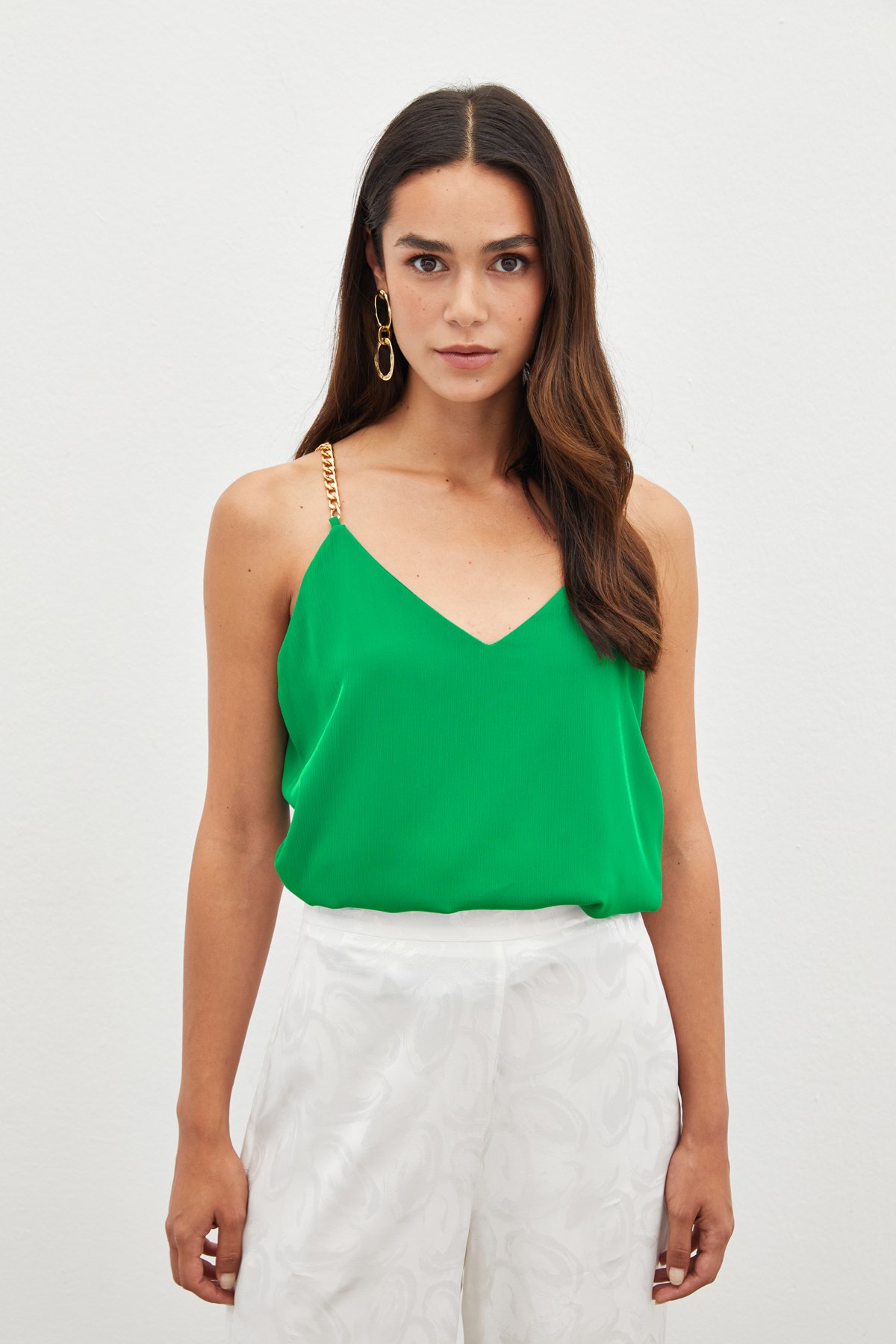 Chain Strap Loose Blouse - GREEN