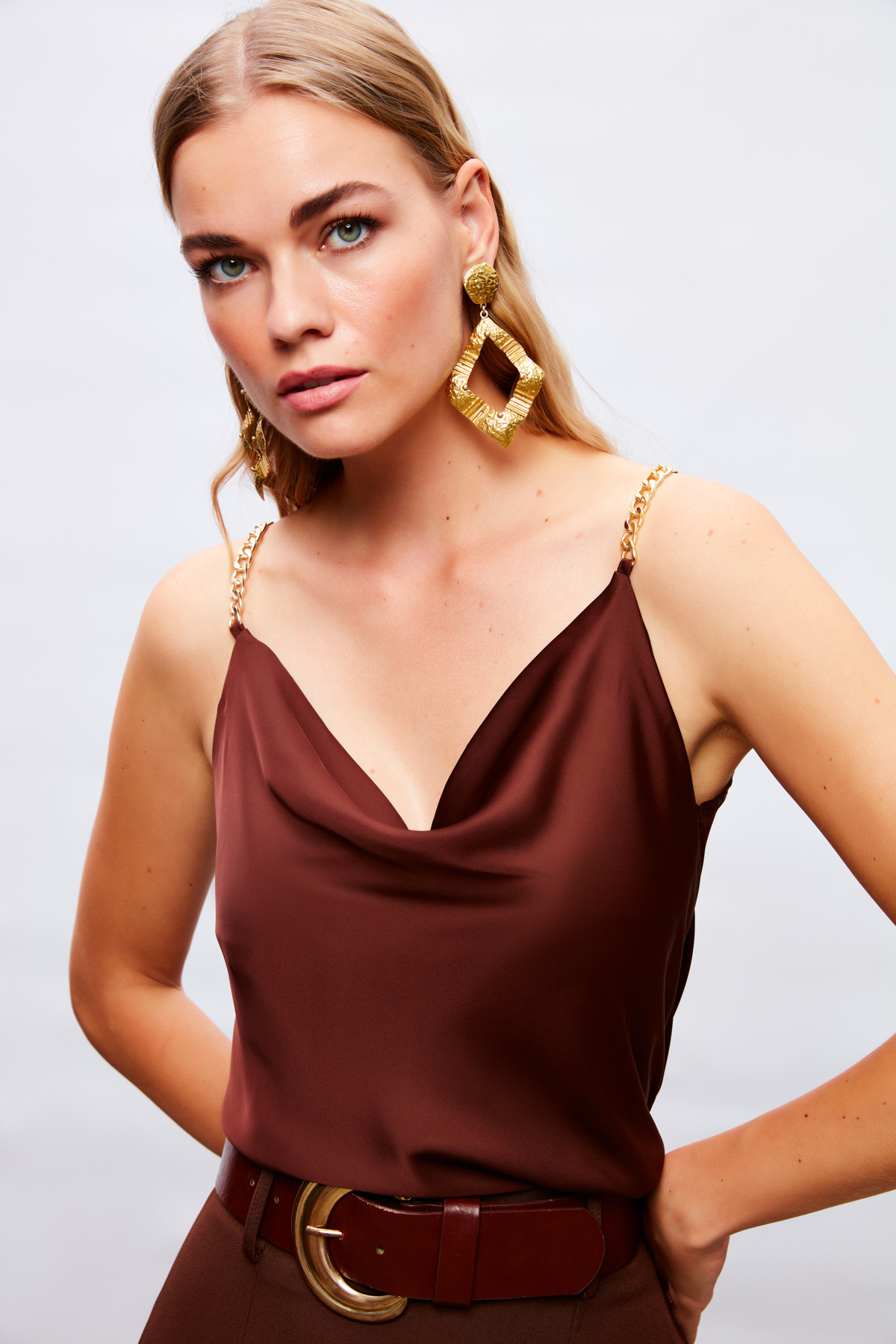 Chain Strap Satin Blouse - BROWN