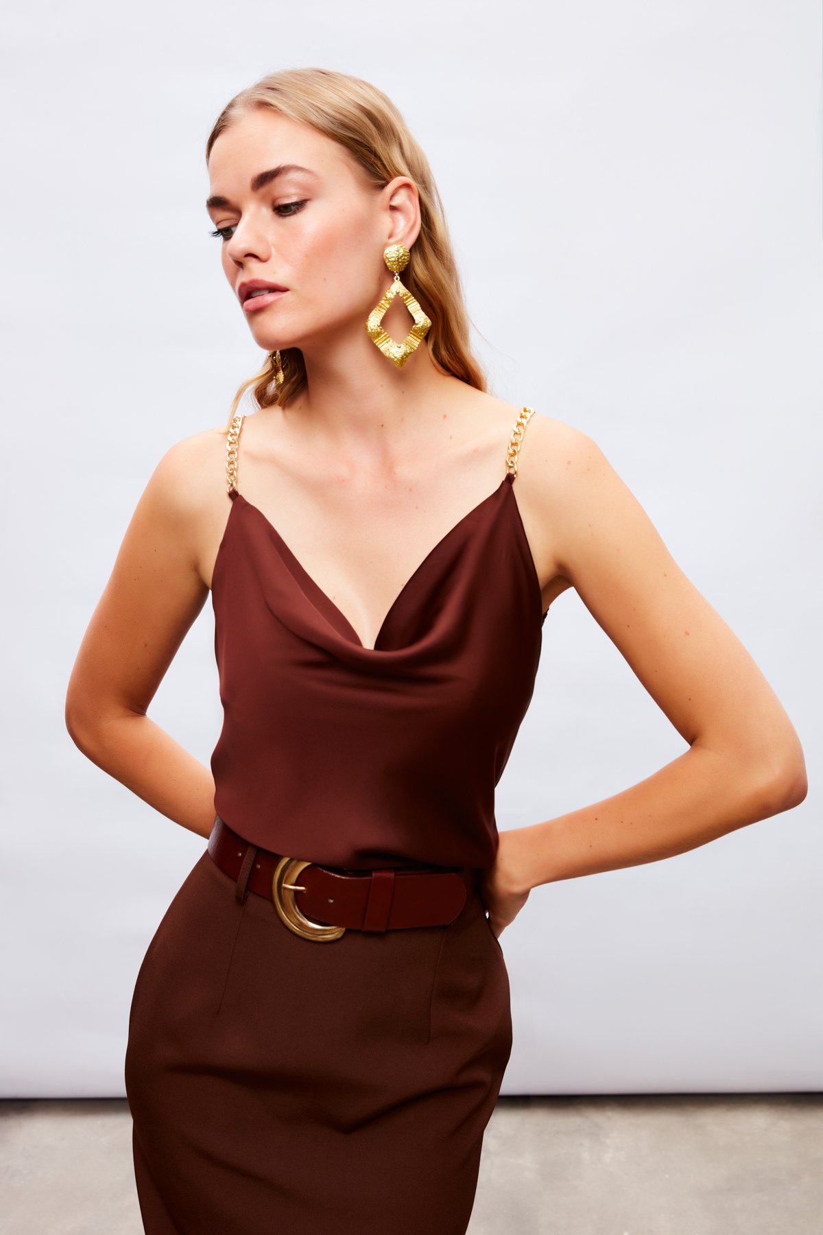 Chain Strap Satin Blouse - BROWN