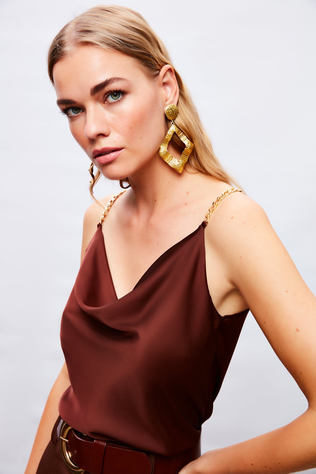 Chain Strap Satin Blouse - BROWN