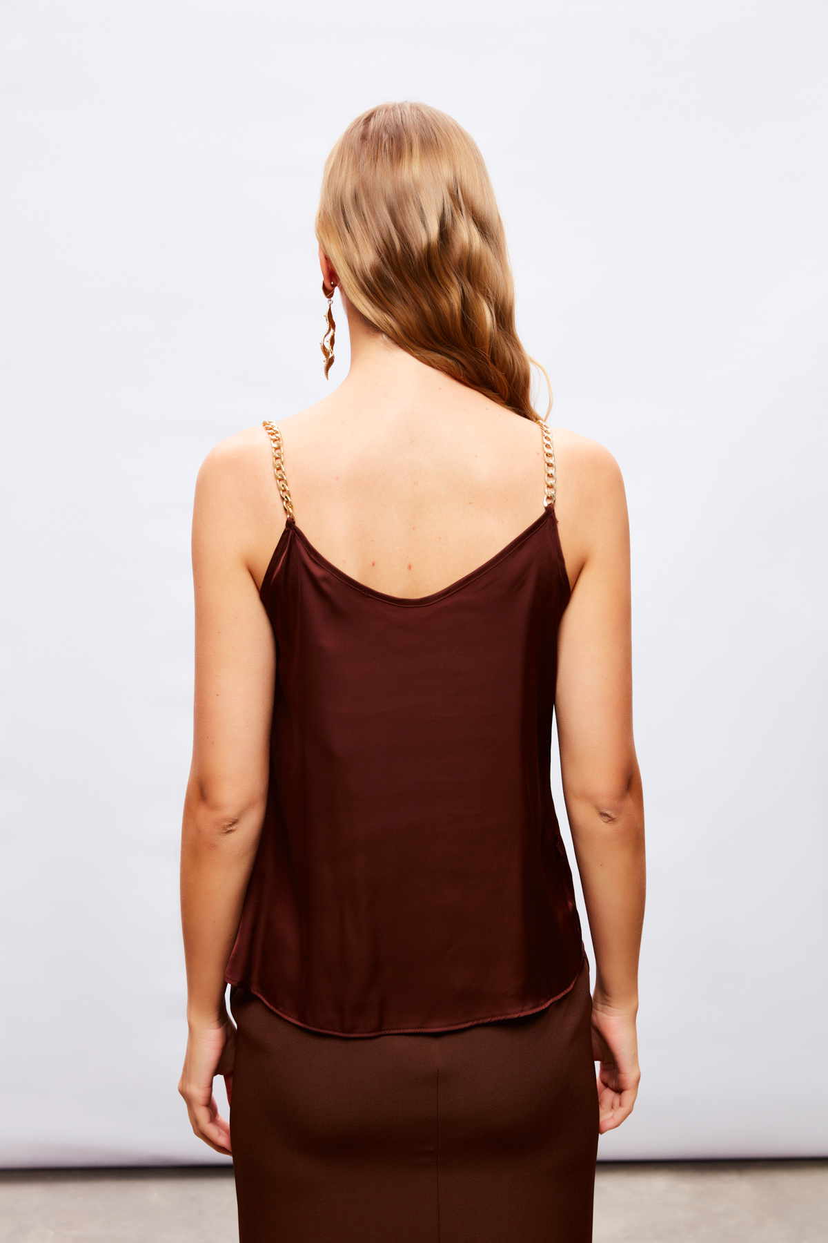 Chain Strap Satin Blouse - BROWN