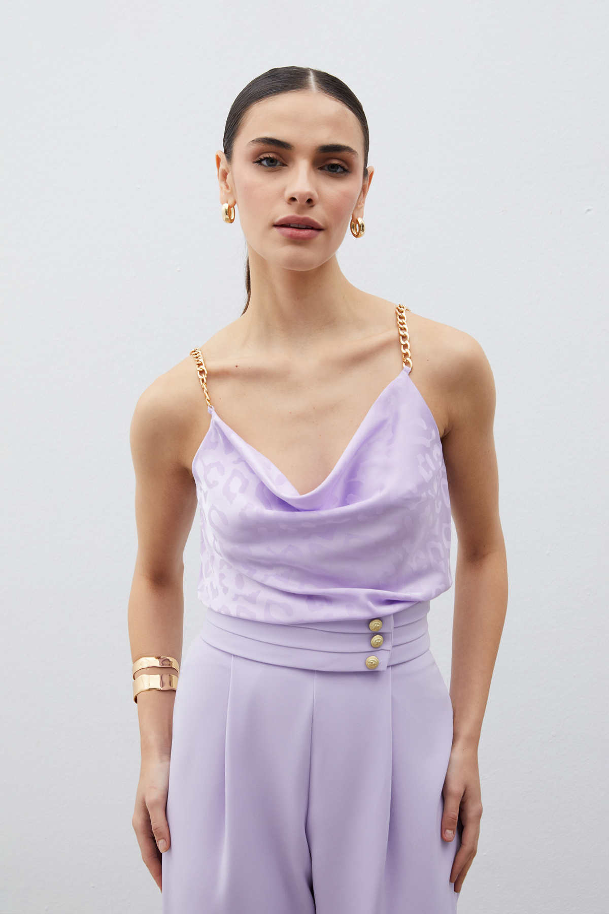 Zincir Askılı Saten Bluz - LİLA