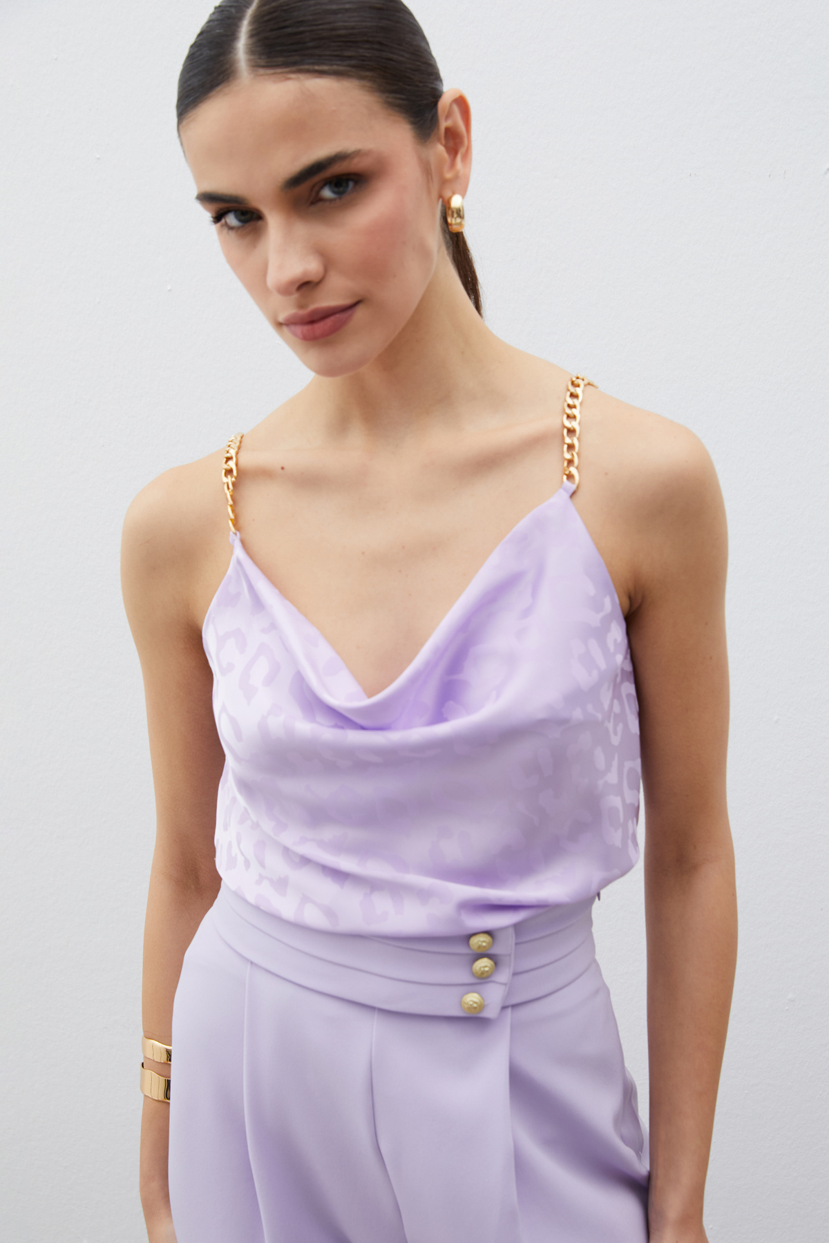 Zincir Askılı Saten Bluz - LİLA