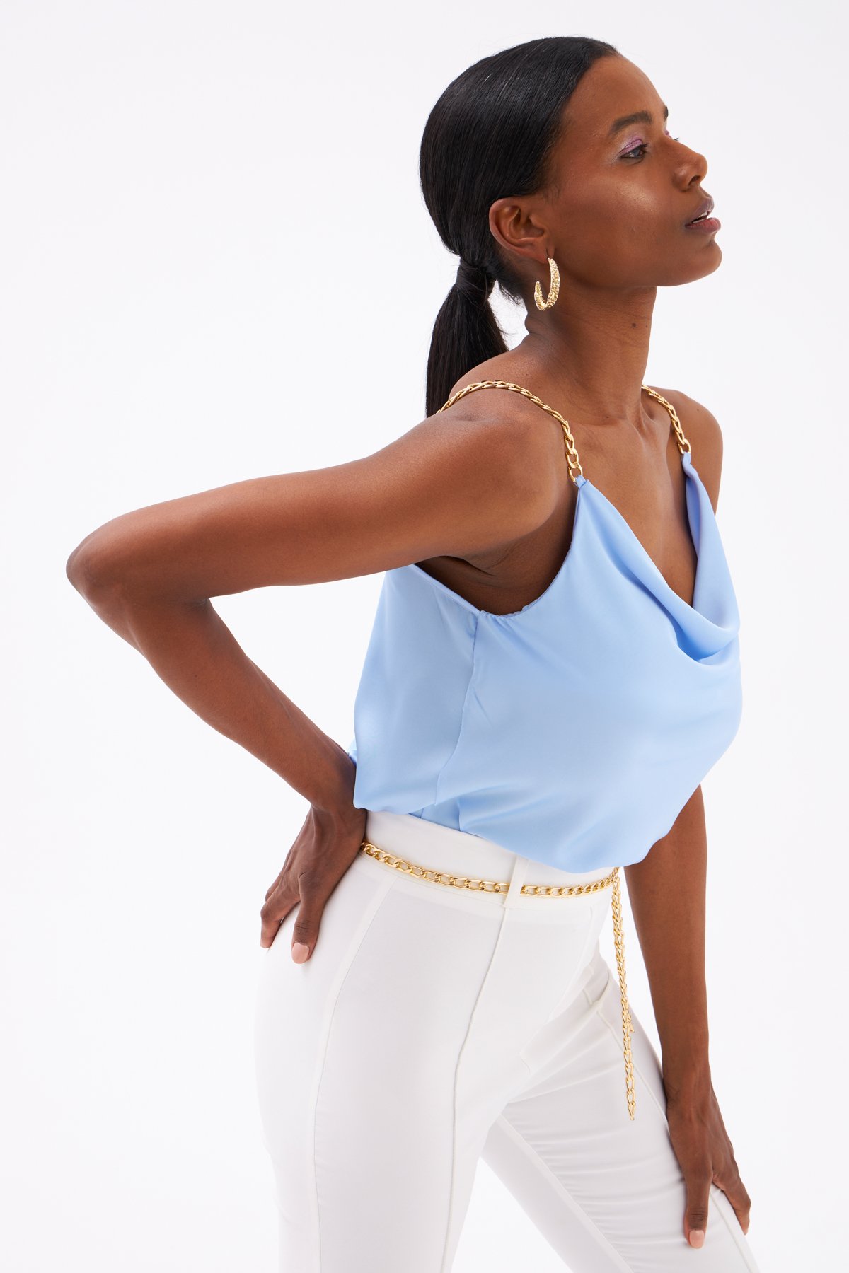 Chain Strap Satin Blouse - BLUES
