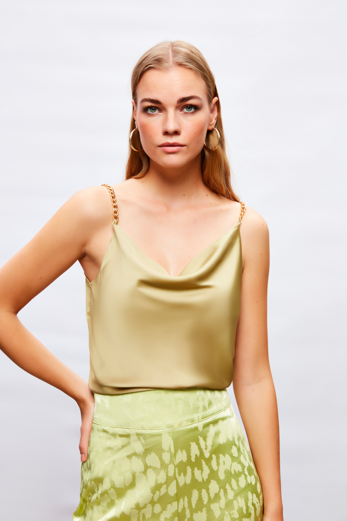 Chain Strap Satin Blouse - OLIVE