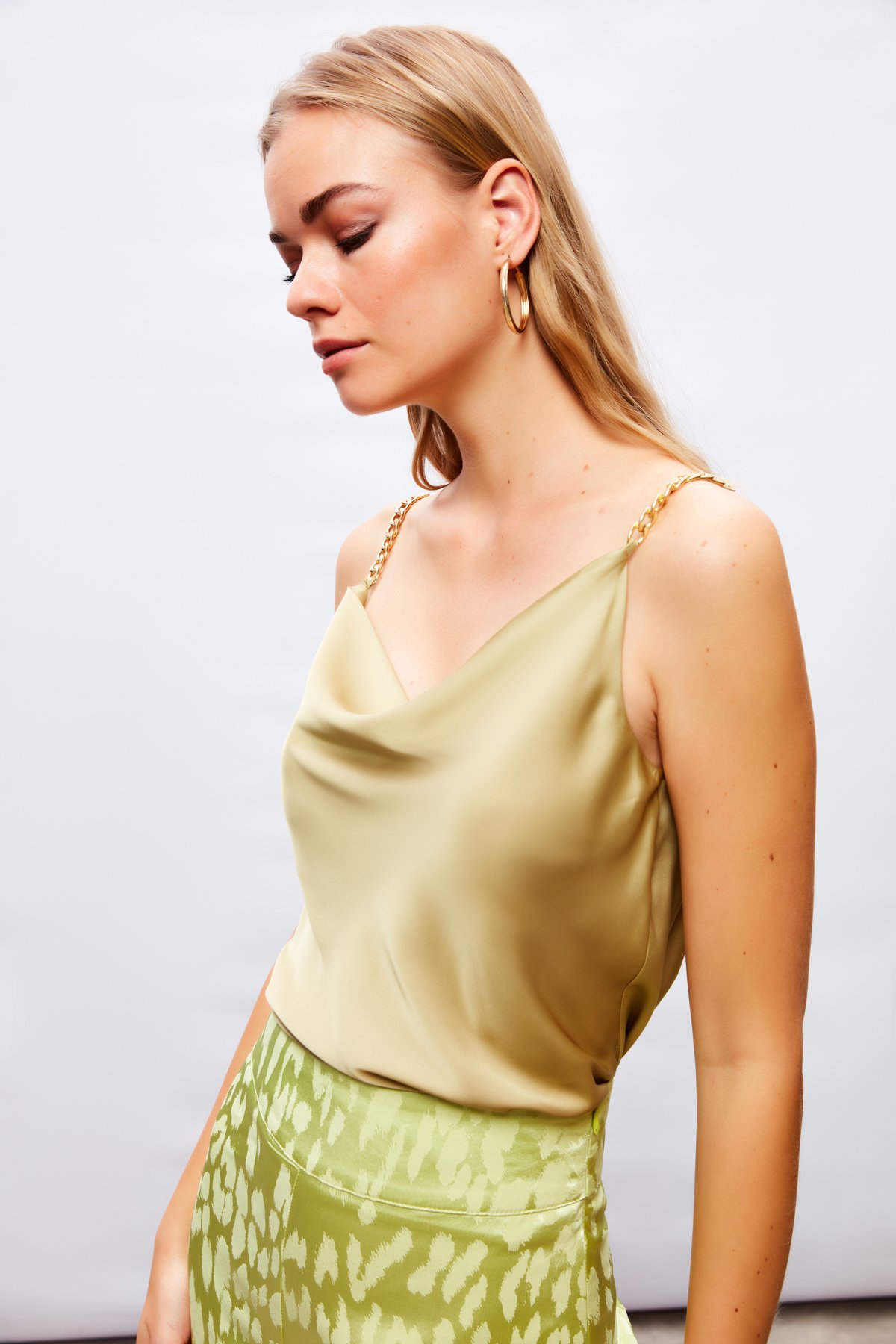 Chain Strap Satin Blouse - OLIVE