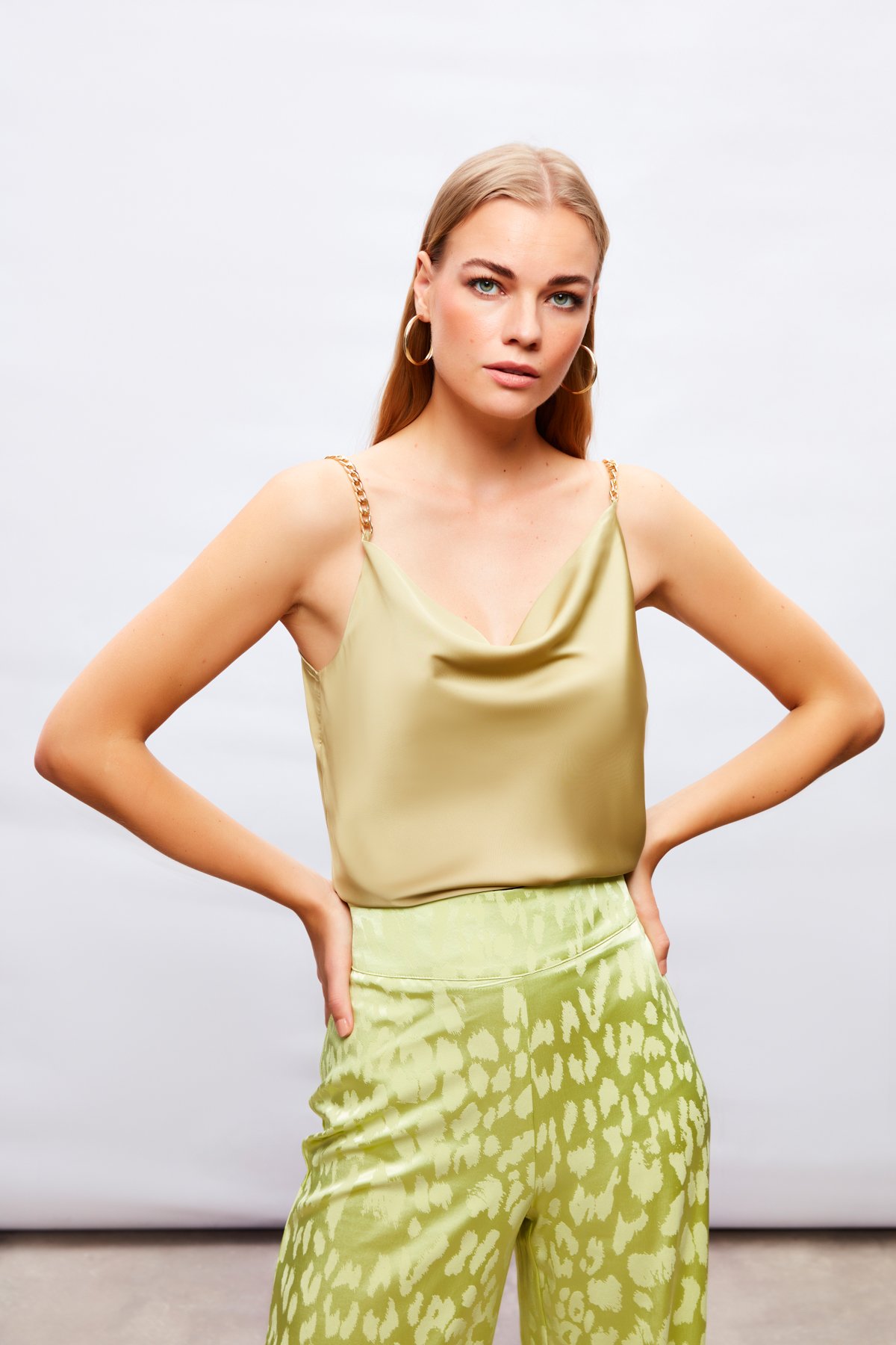 Chain Strap Satin Blouse - OLIVE