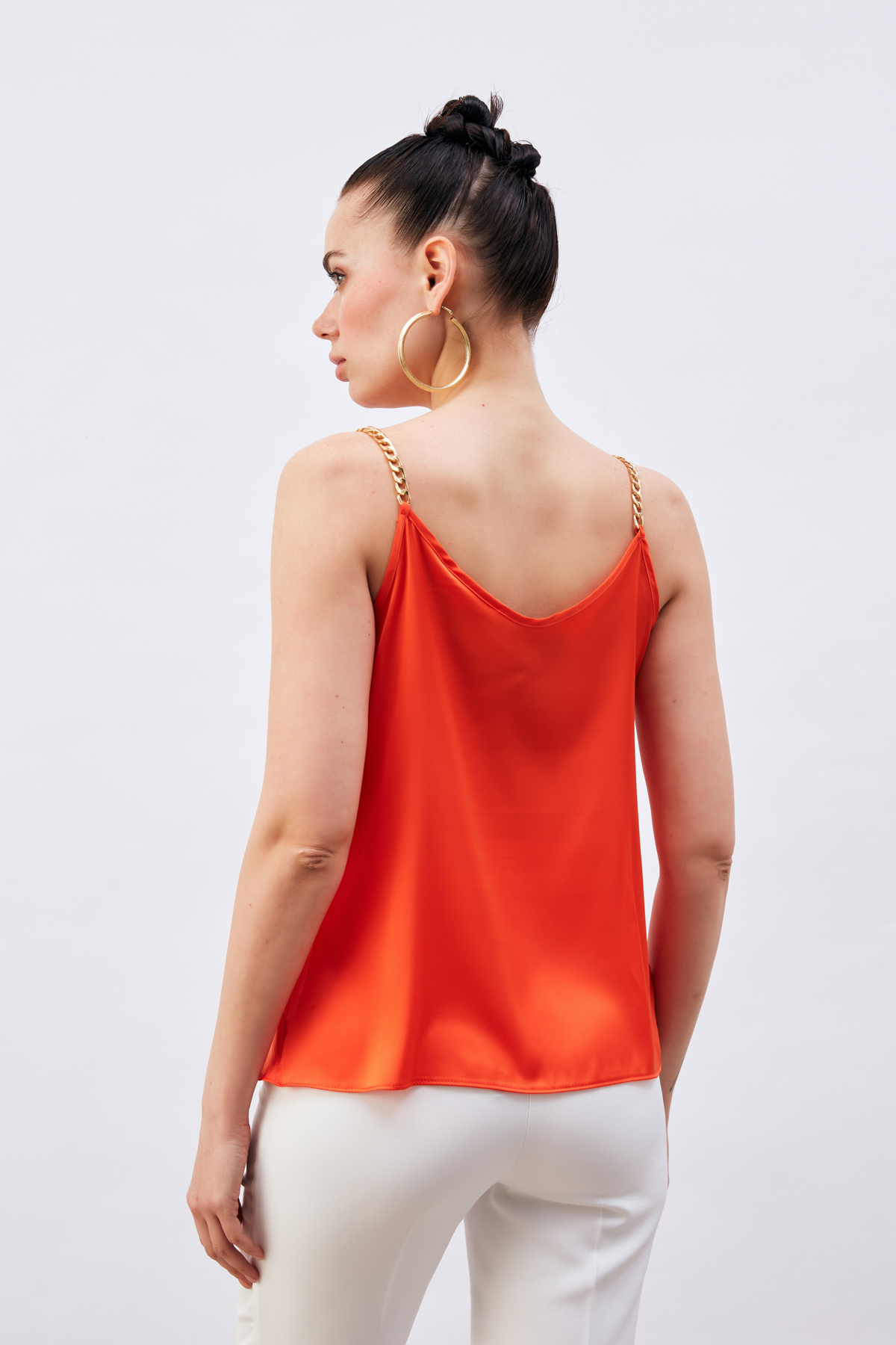 Zincir Askılı Saten Bluz - ORANJ