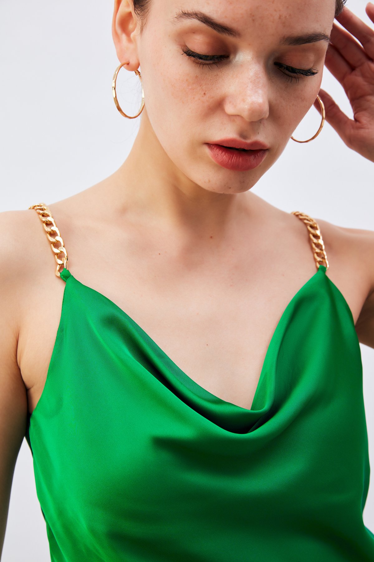Chain Strap Satin Blouse - GREEN