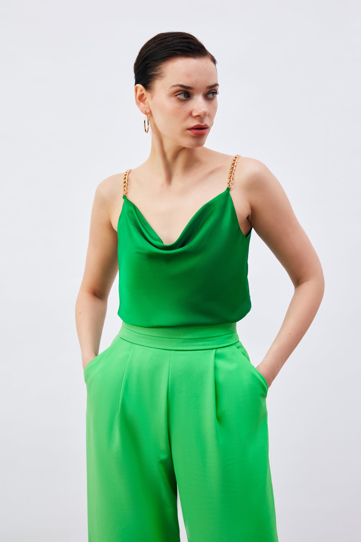 Chain Strap Satin Blouse - GREEN