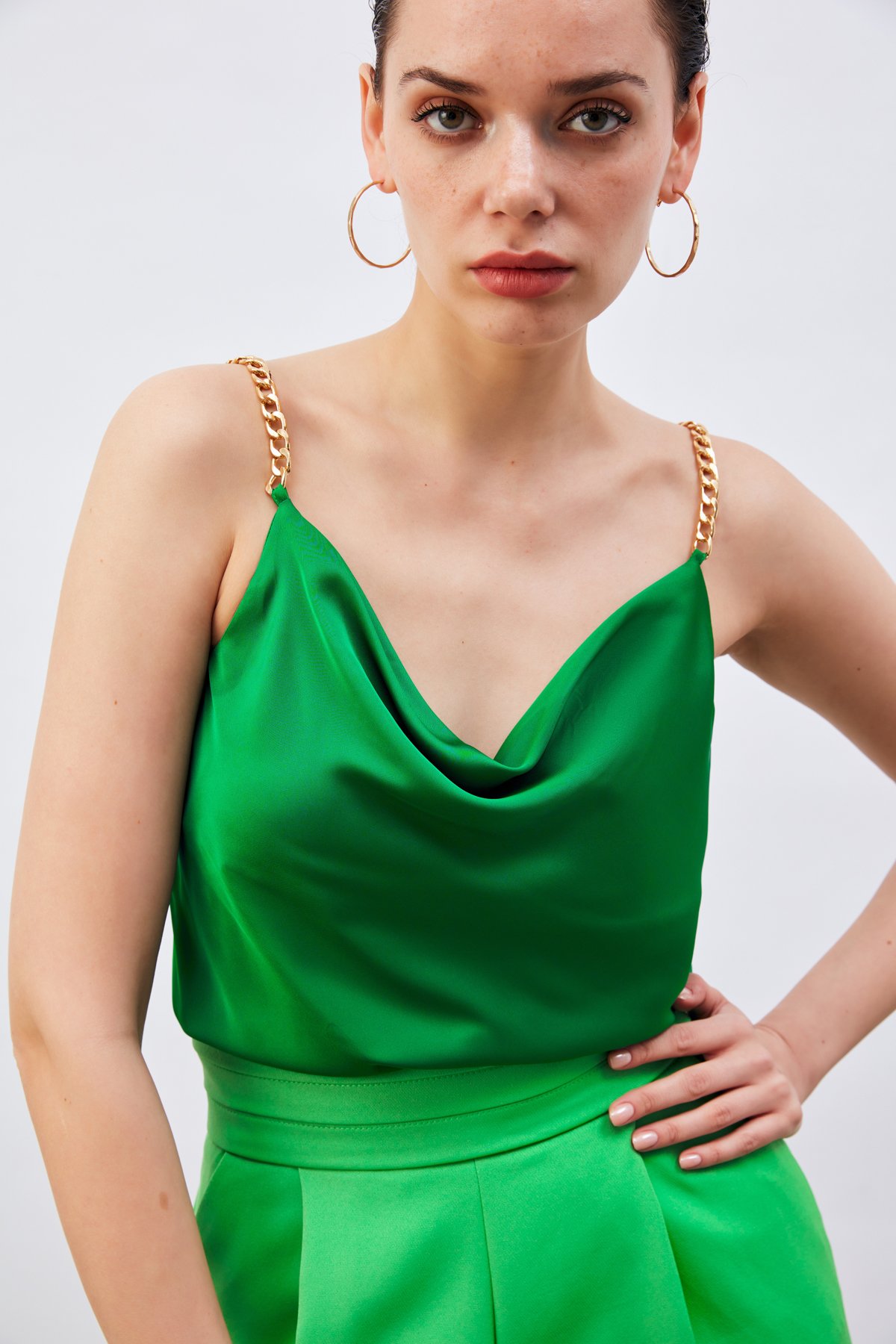 Chain Strap Satin Blouse - GREEN