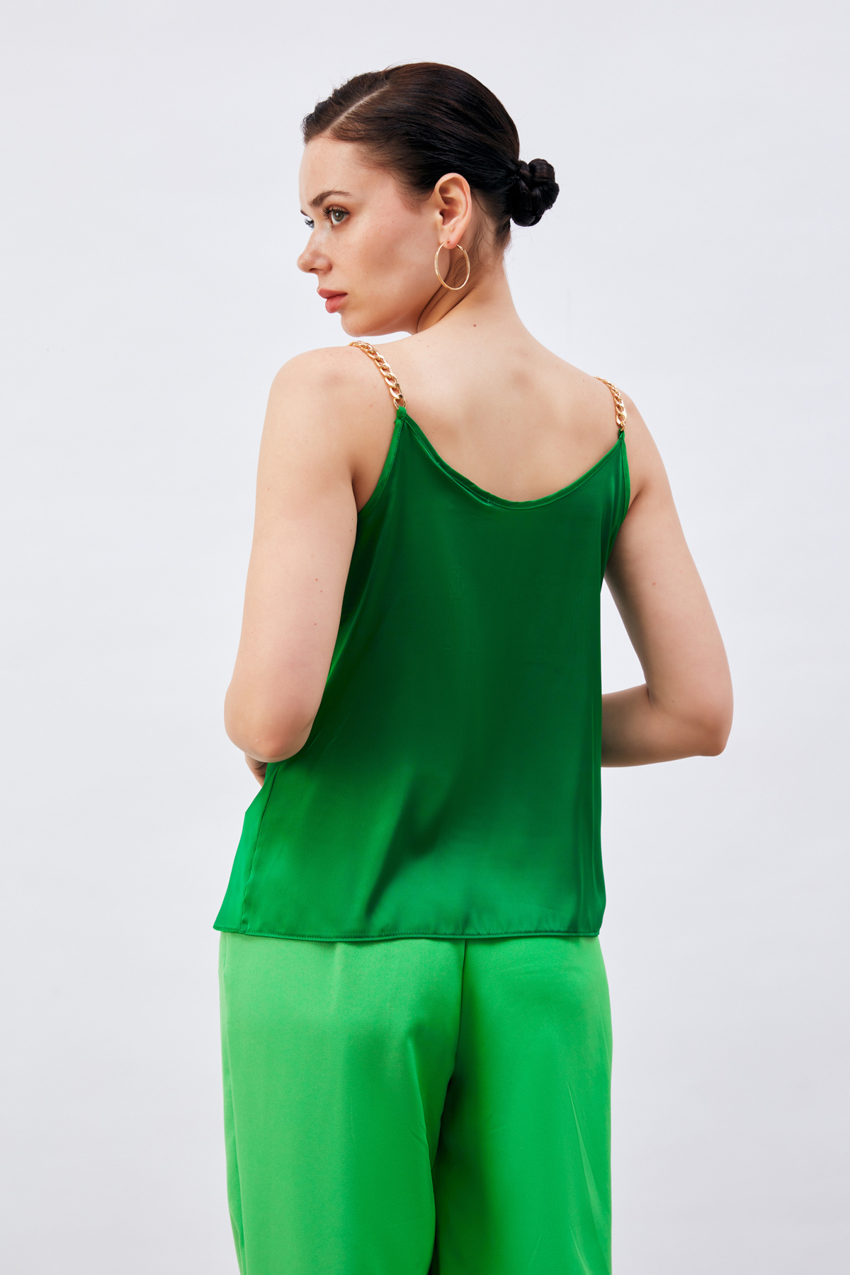 Zincir Askılı Saten Bluz - YEŞİL