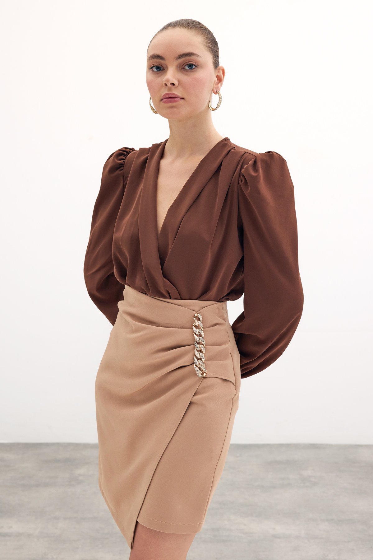 Zincir Detaylı Etek - Camel