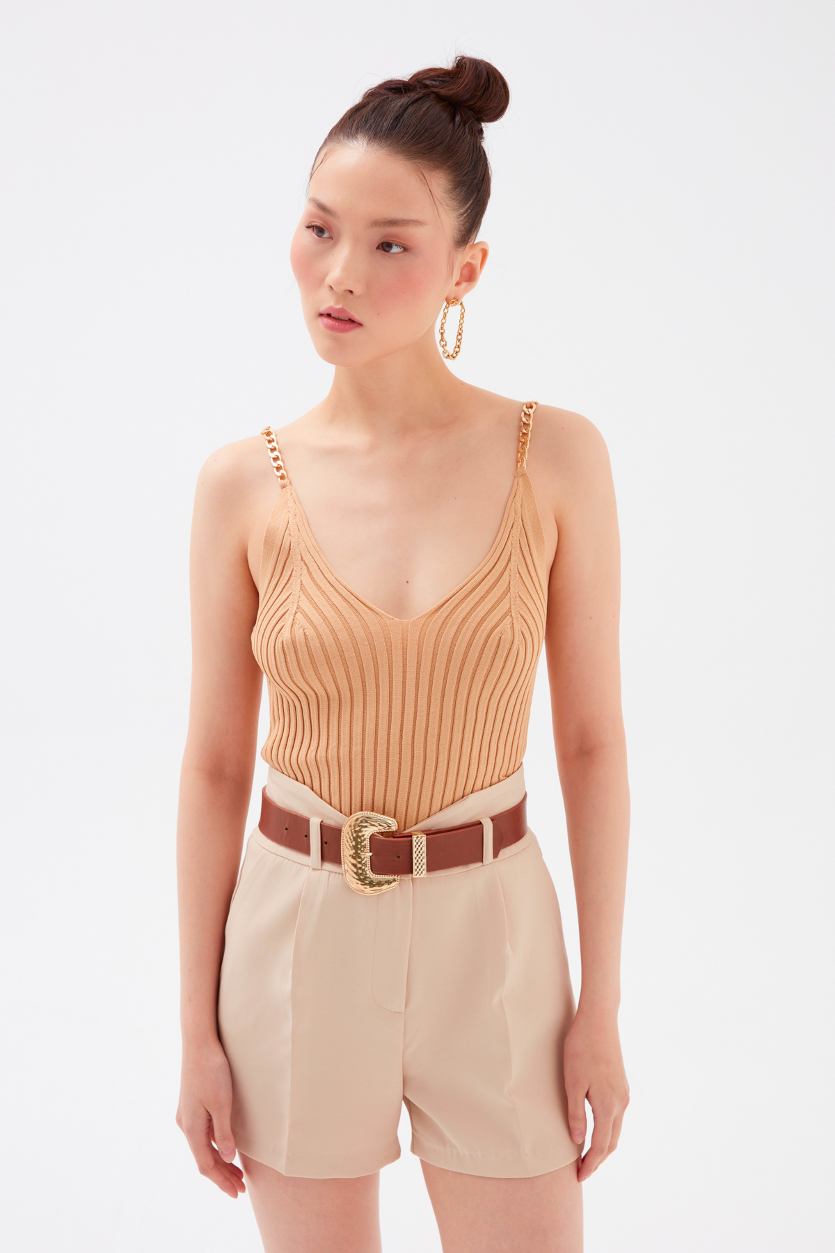 Zincir Detaylı Fitilli Triko Bluz - CAMEL