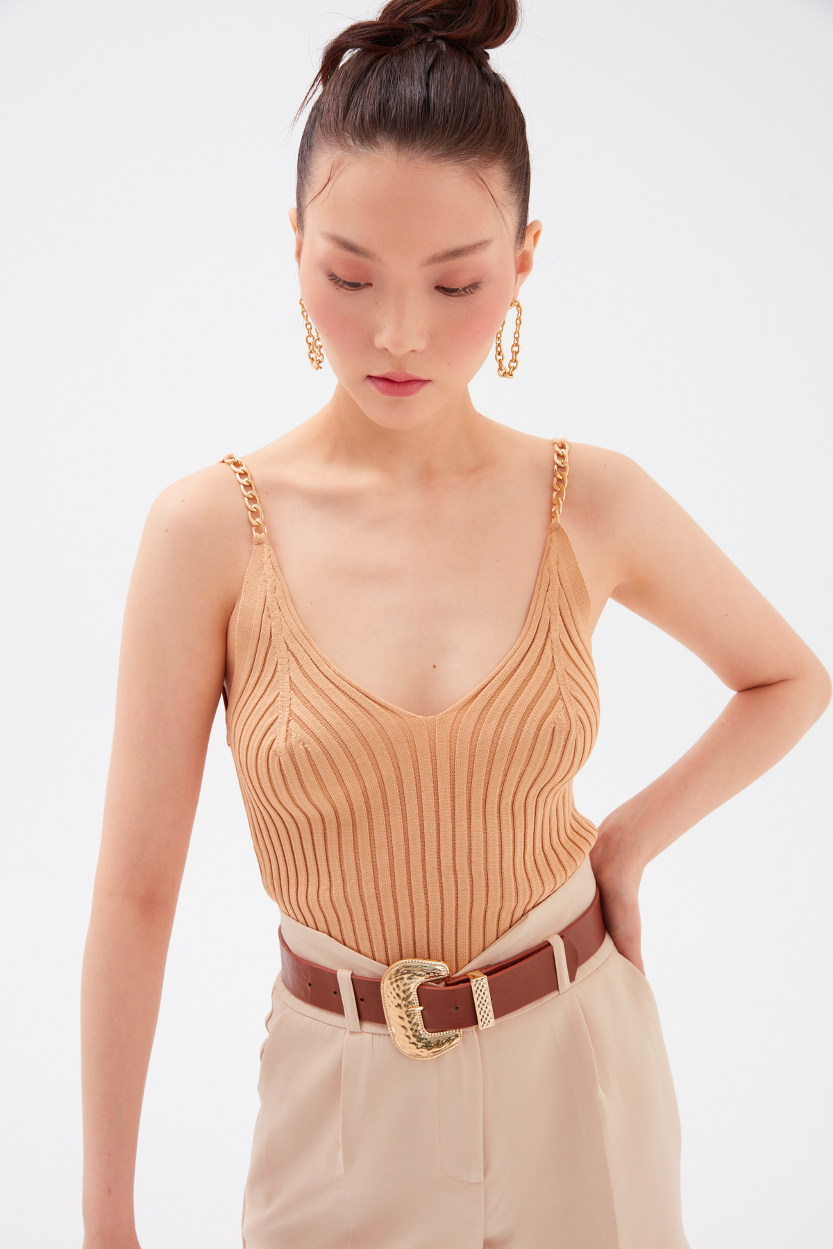 Zincir Detaylı Fitilli Triko Bluz - CAMEL