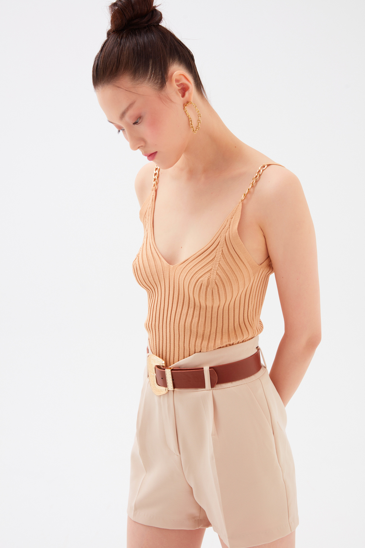 Zincir Detaylı Fitilli Triko Bluz - CAMEL