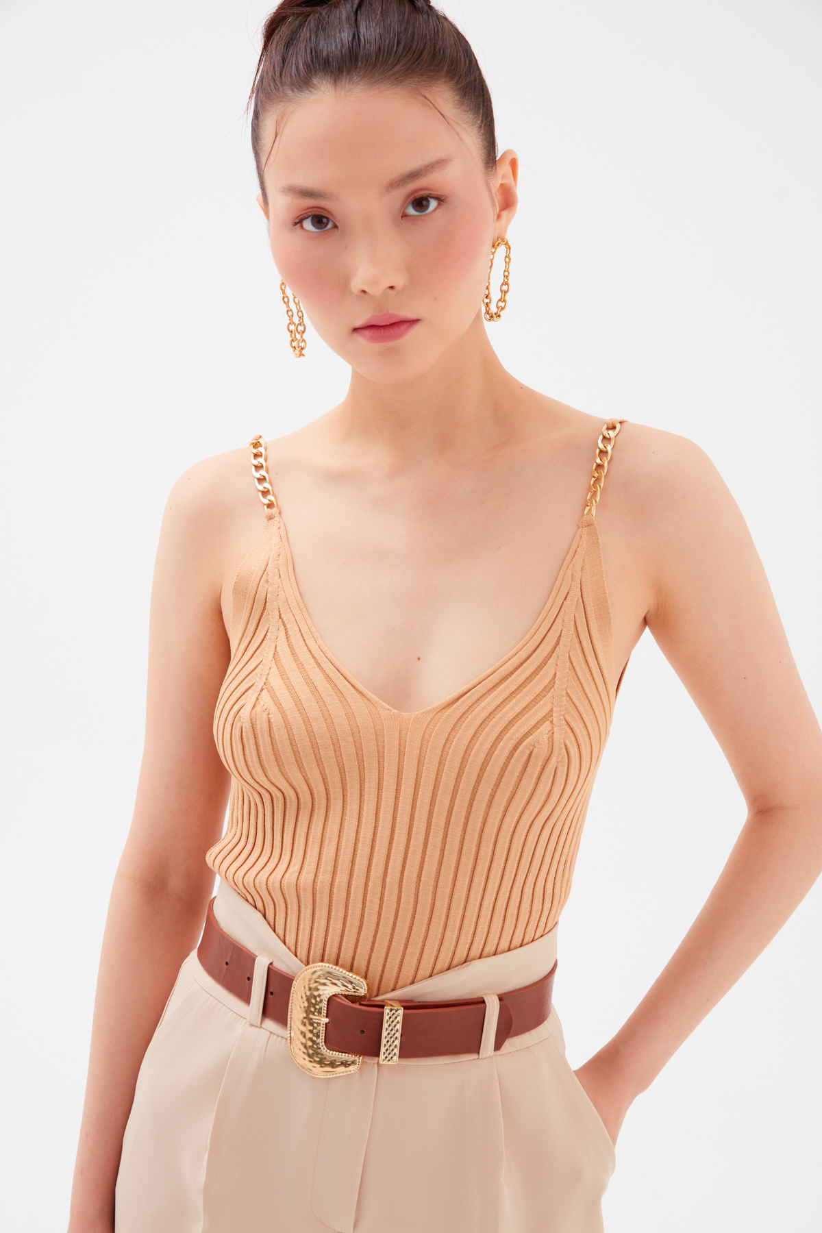 Zincir Detaylı Fitilli Triko Bluz - CAMEL