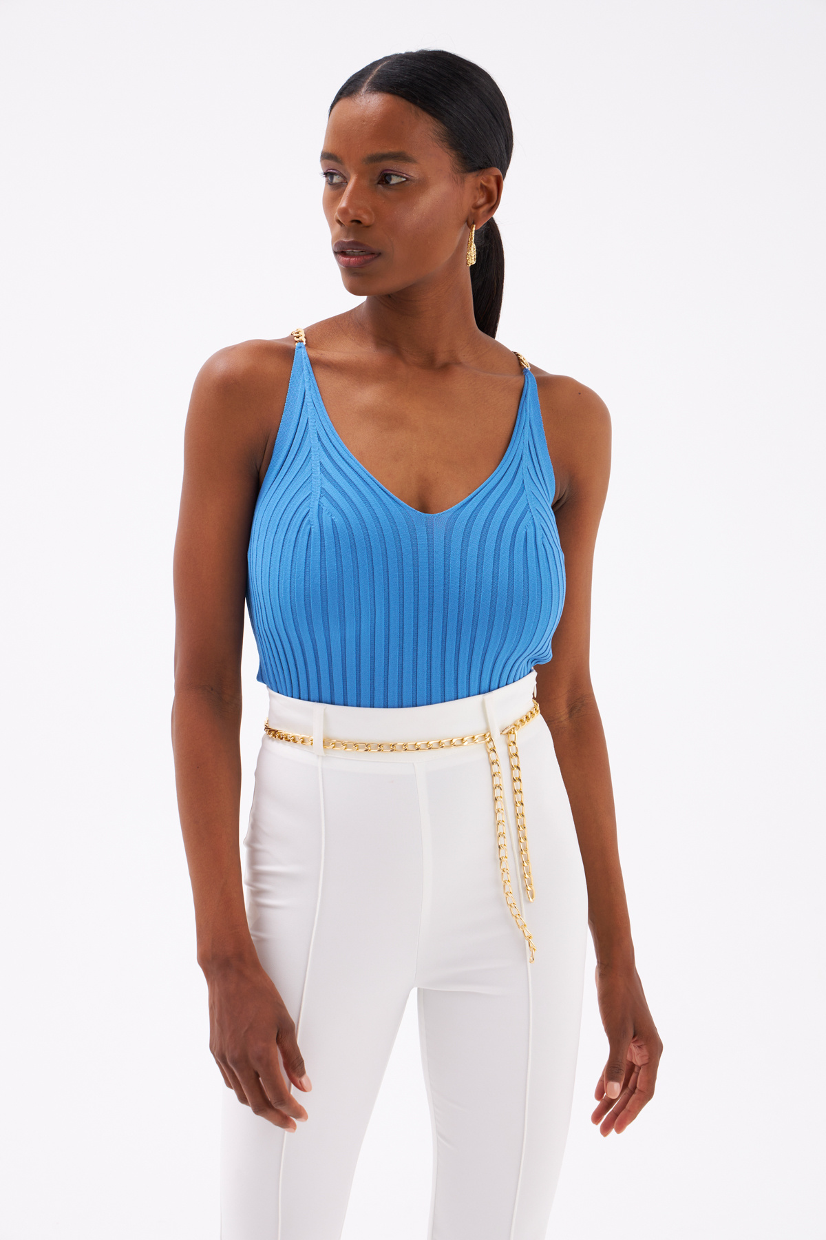 Chain Detailed Corduroy Knitwear Blouse - BLUES
