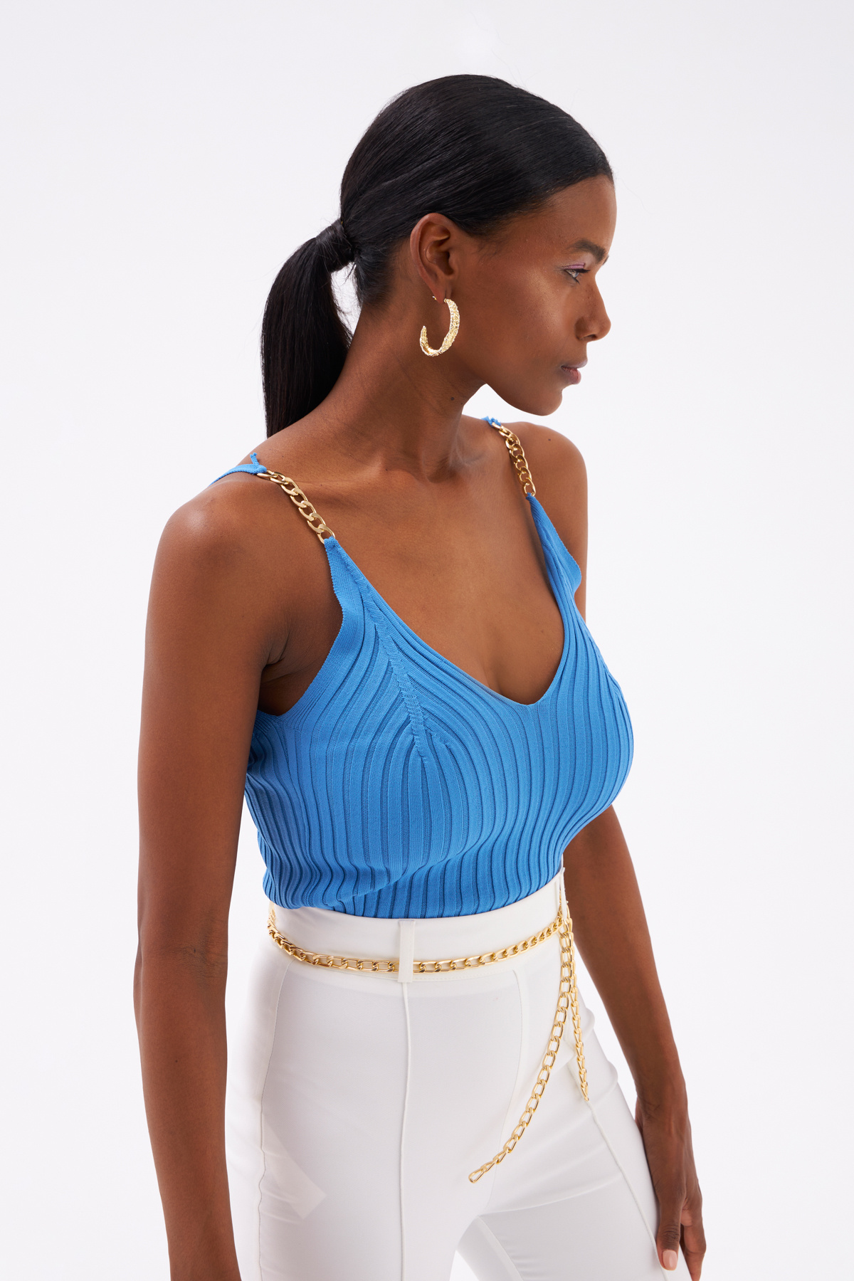 Chain Detailed Corduroy Knitwear Blouse - BLUES