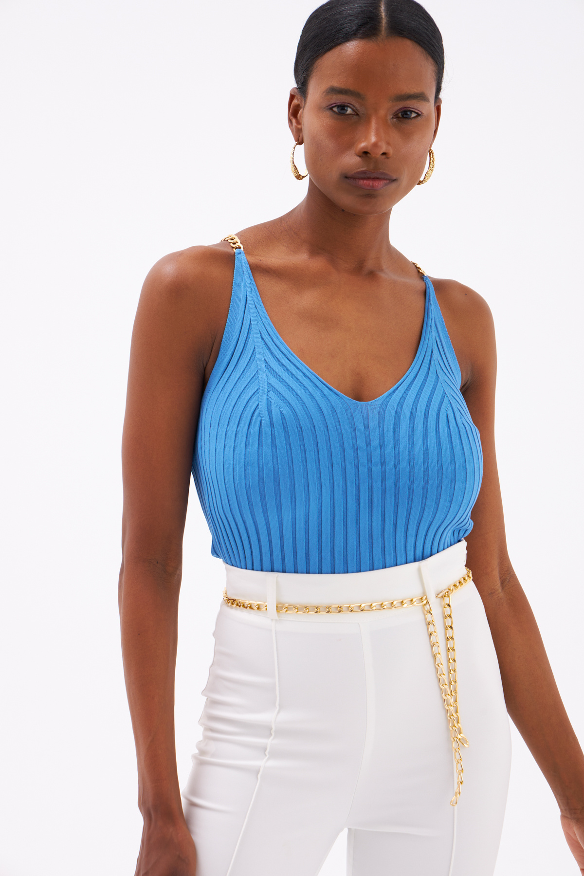 Chain Detailed Corduroy Knitwear Blouse - BLUES