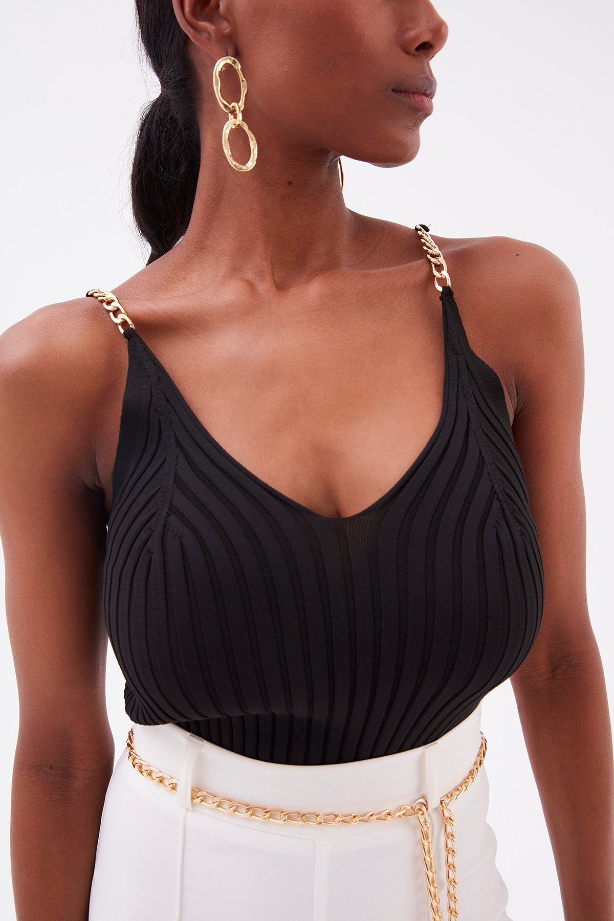 Chain Detailed Corduroy Knitwear Blouse - BLACK