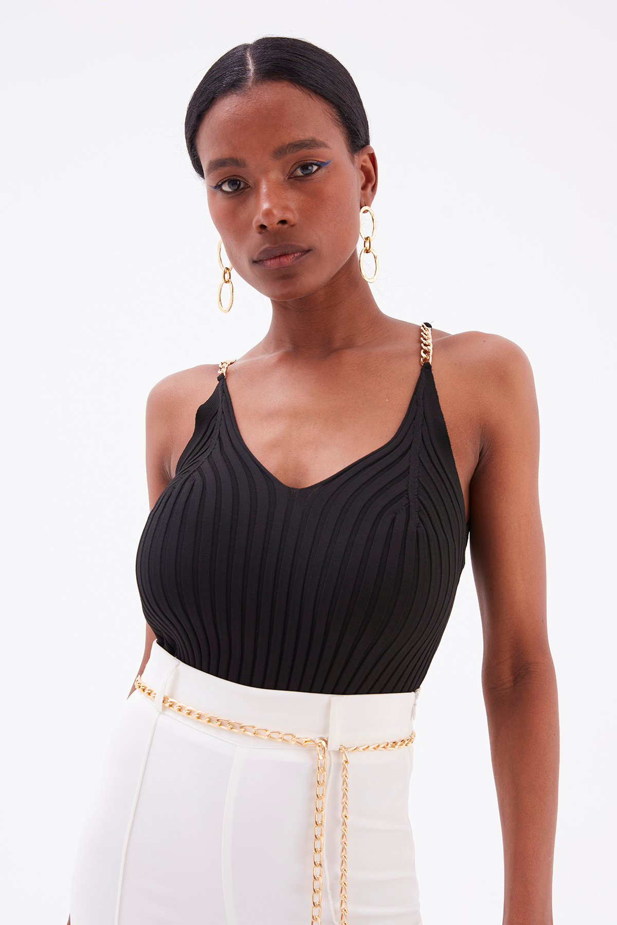 Chain Detailed Corduroy Knitwear Blouse - BLACK