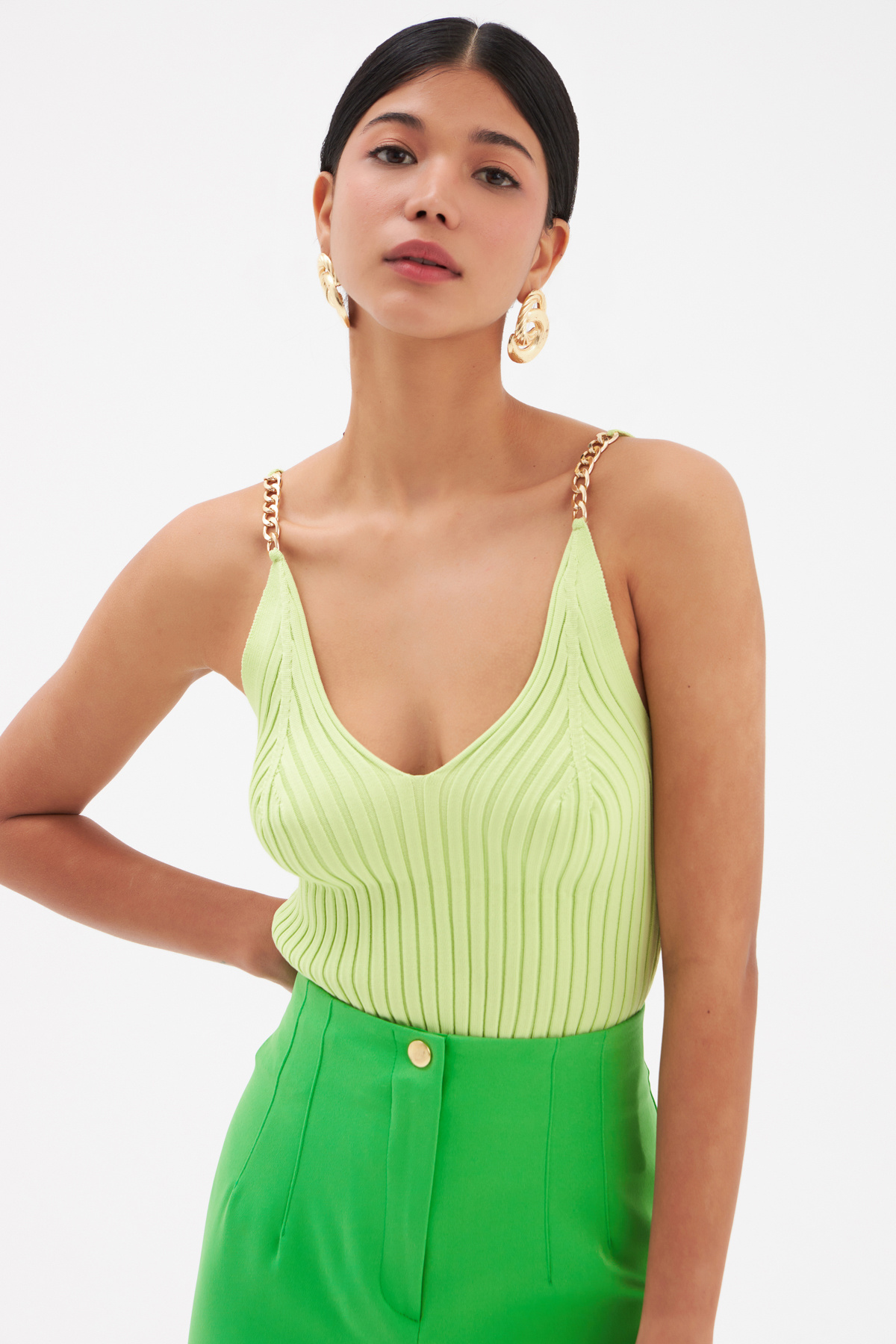 Chain Detailed Corduroy Knitwear Blouse - GREEN