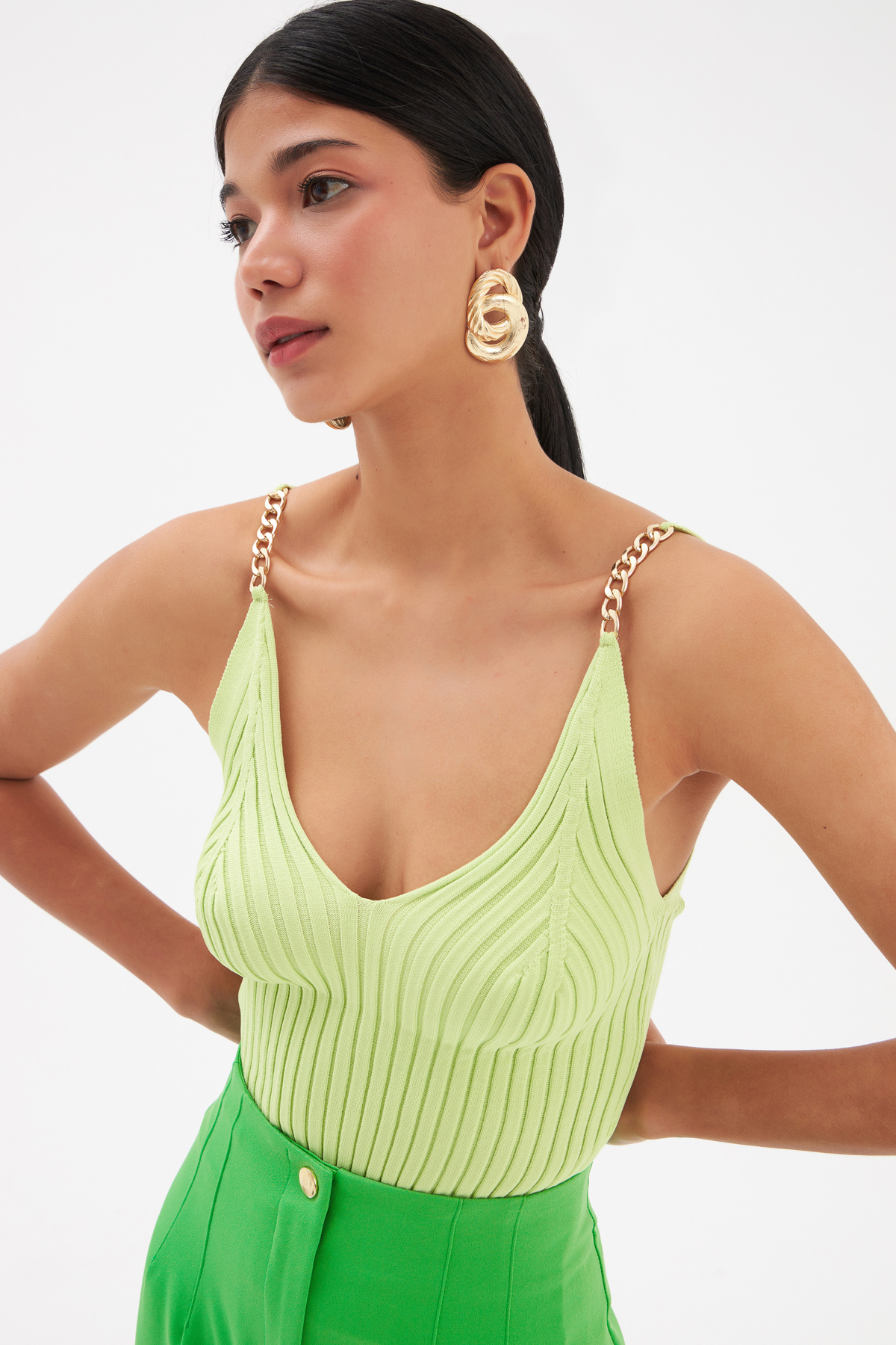 Chain Detailed Corduroy Knitwear Blouse - GREEN