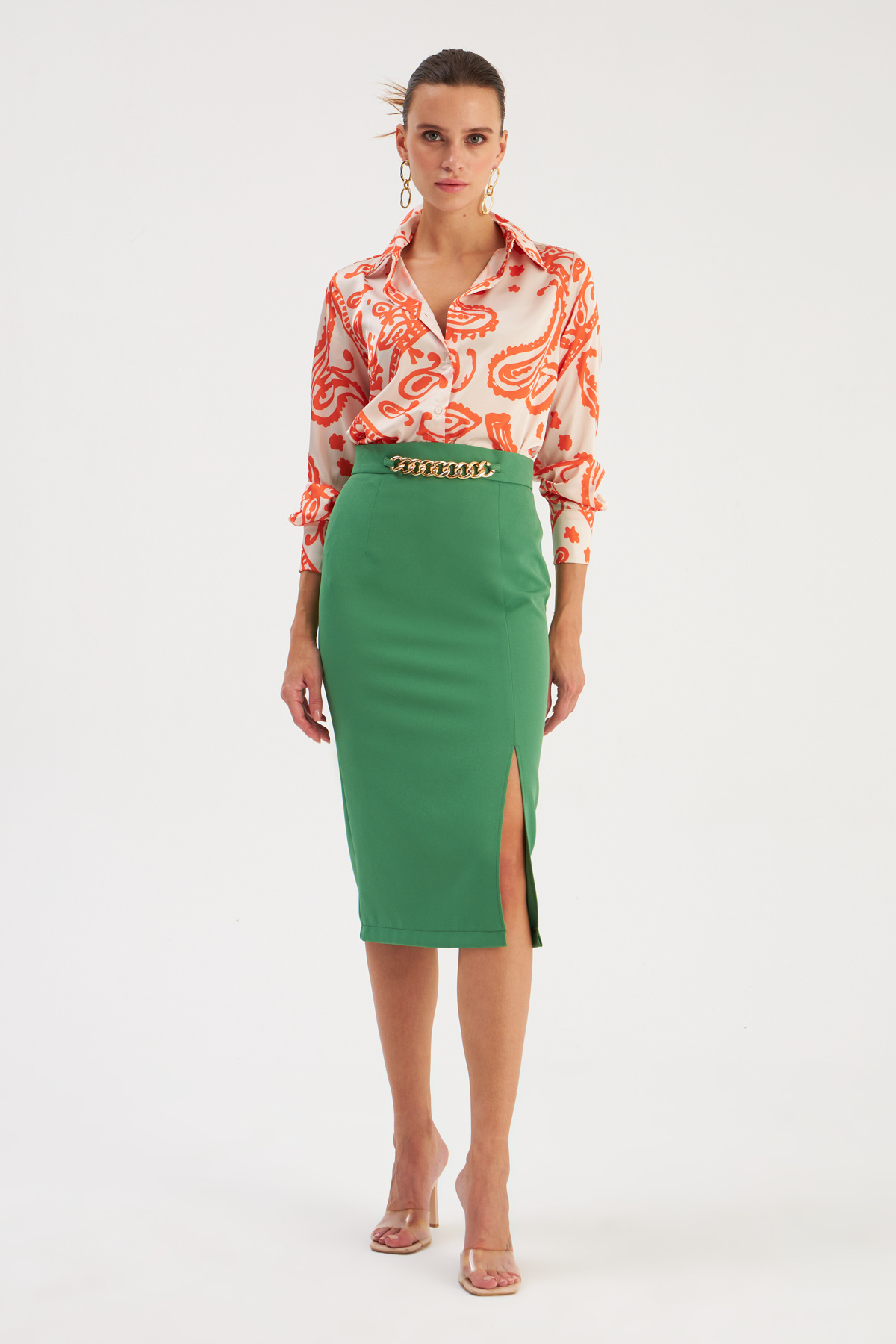 Zincir Detaylı Kalem Etek - AÇIK YEŞİL