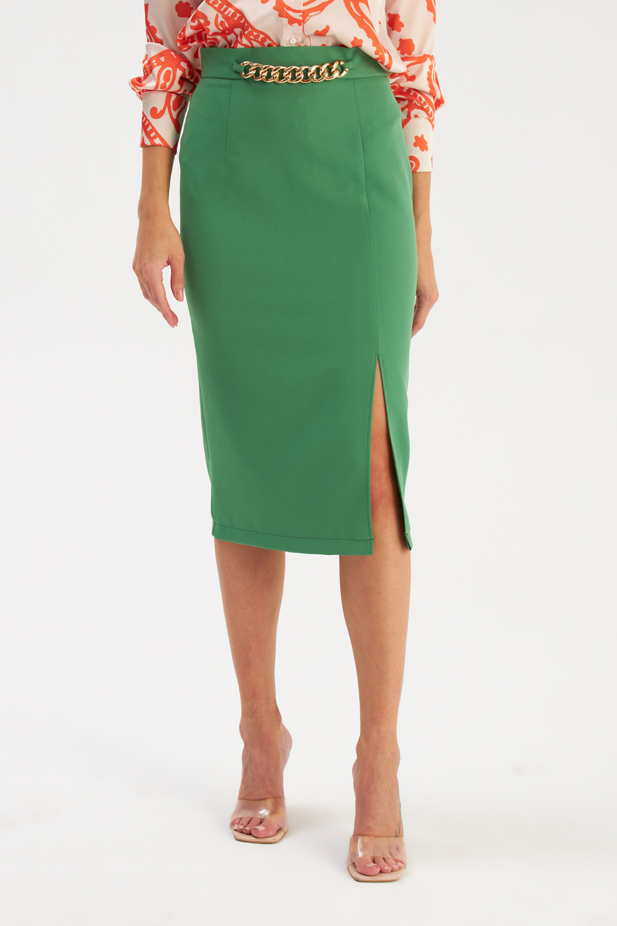 Zincir Detaylı Kalem Etek - AÇIK YEŞİL