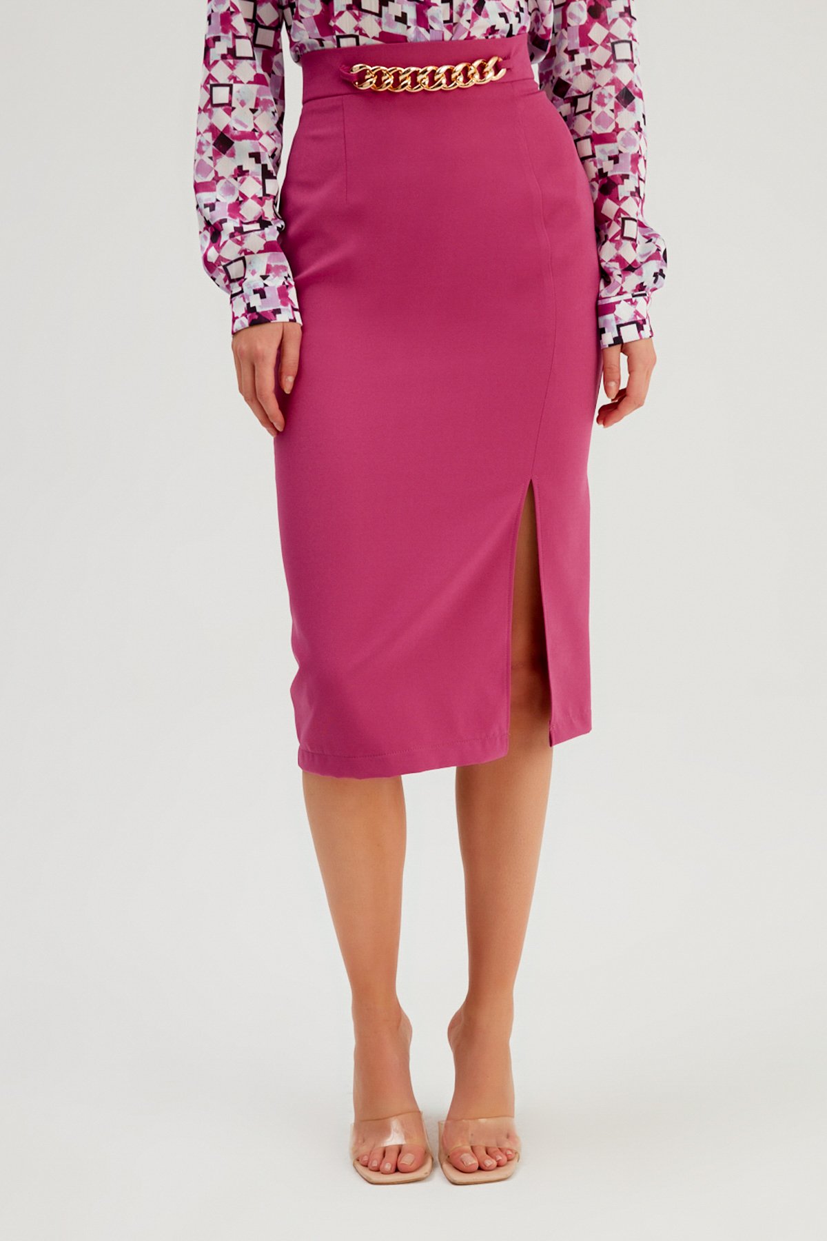 Zincir Detaylı Kalem Etek - FUŞYA