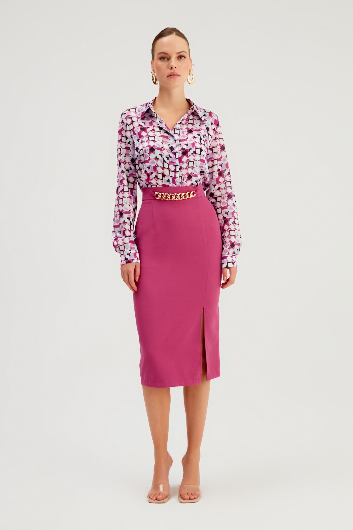 Zincir Detaylı Kalem Etek - FUŞYA