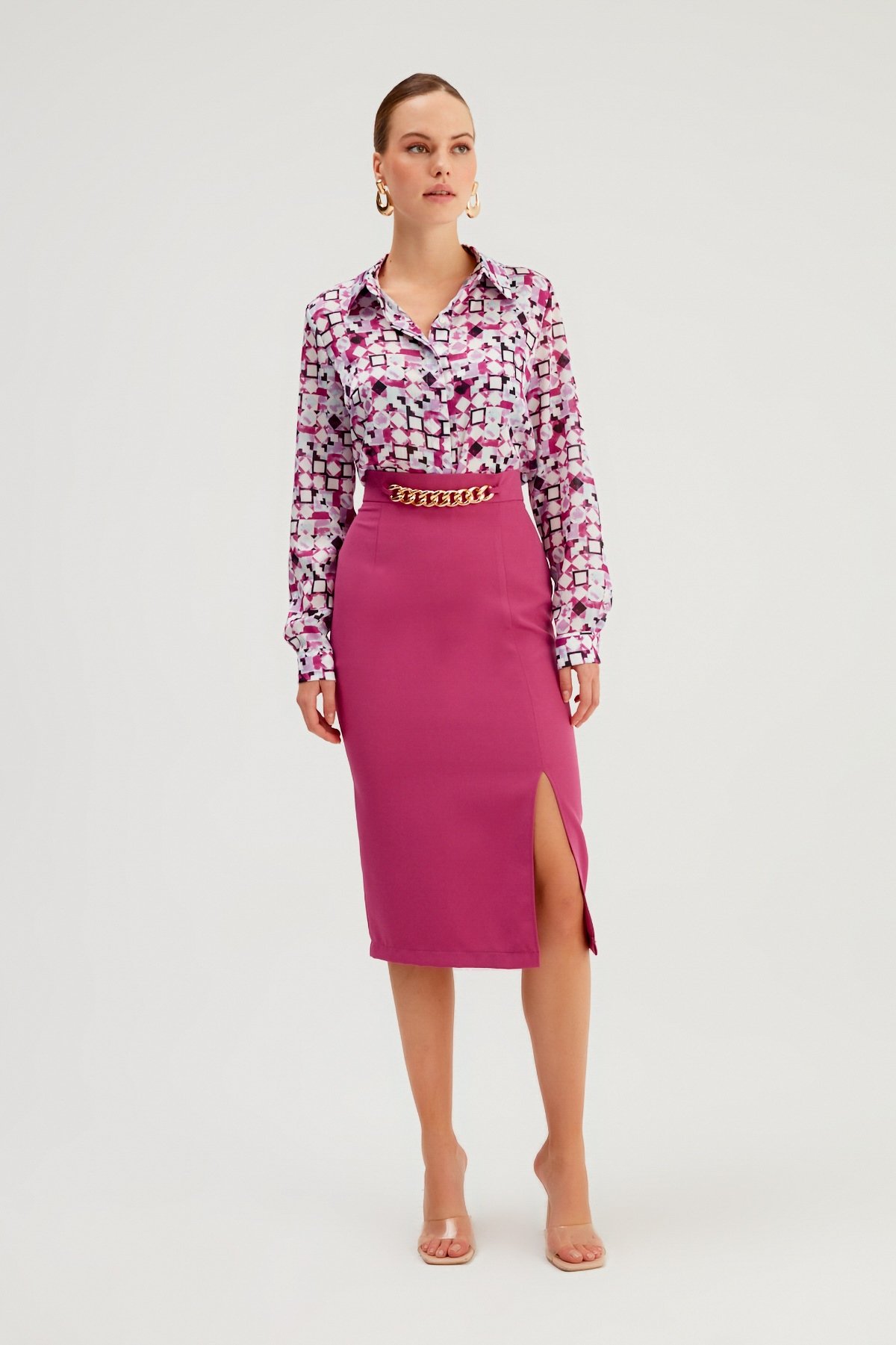 Zincir Detaylı Kalem Etek - FUŞYA