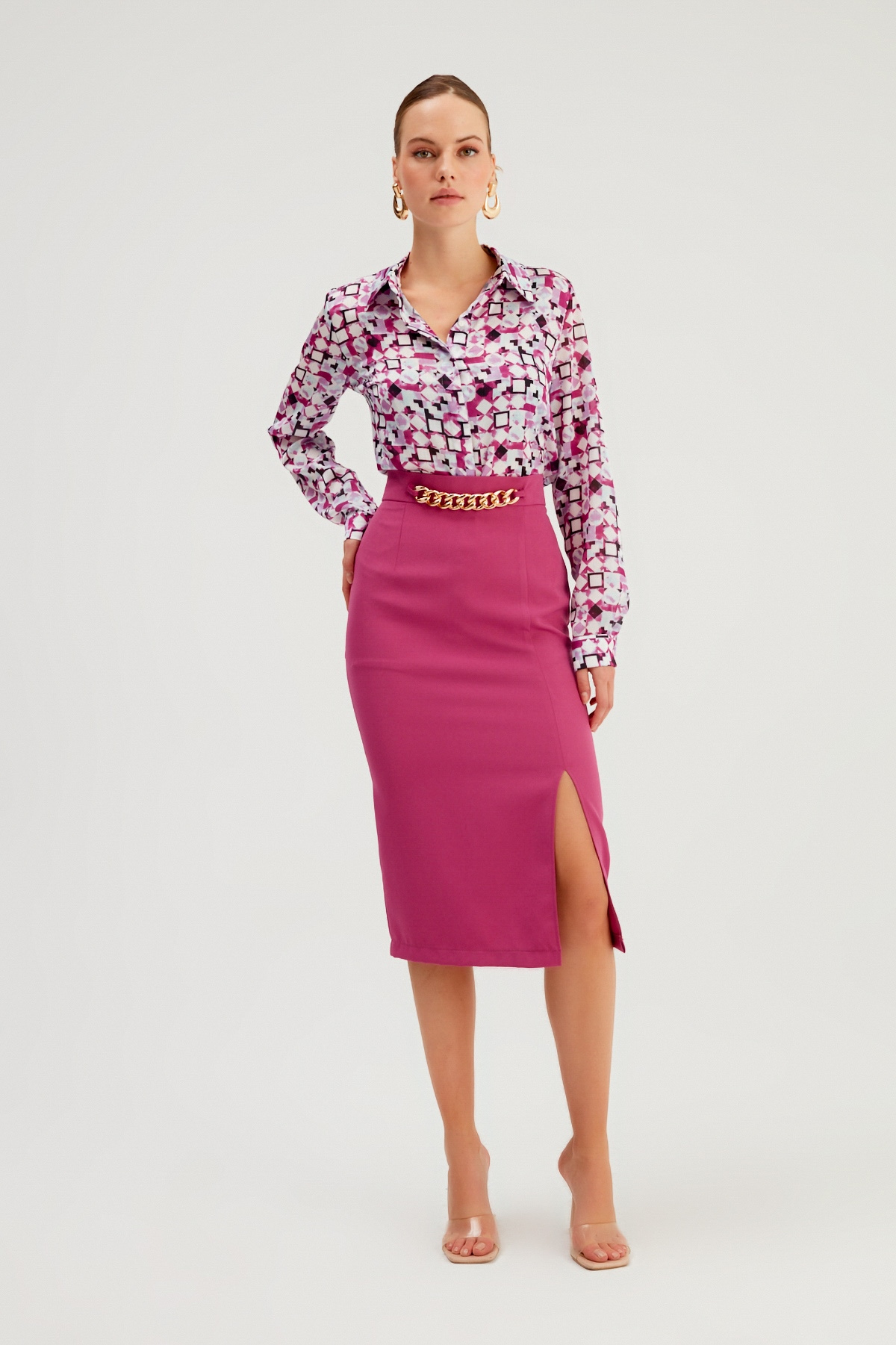 Zincir Detaylı Kalem Etek - FUŞYA