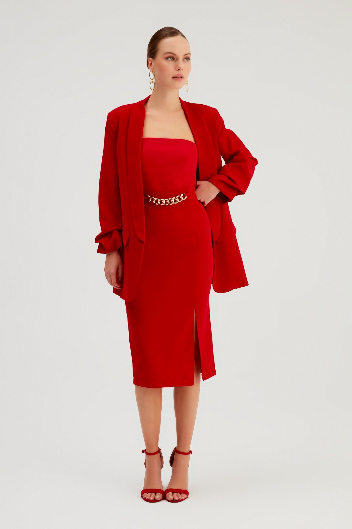 Zincir Detaylı Kalem Etek - KIRMIZI