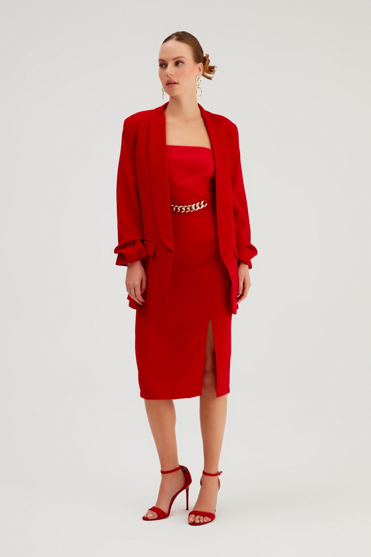 Zincir Detaylı Kalem Etek - KIRMIZI