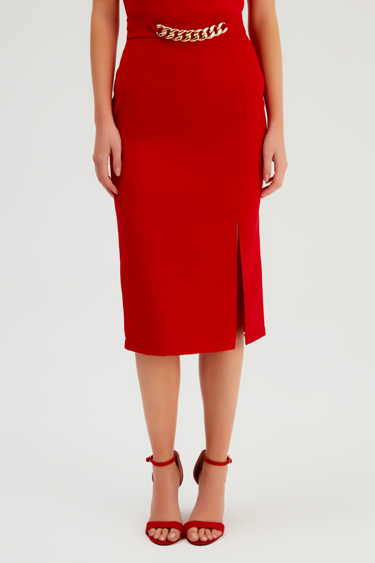 Zincir Detaylı Kalem Etek - KIRMIZI