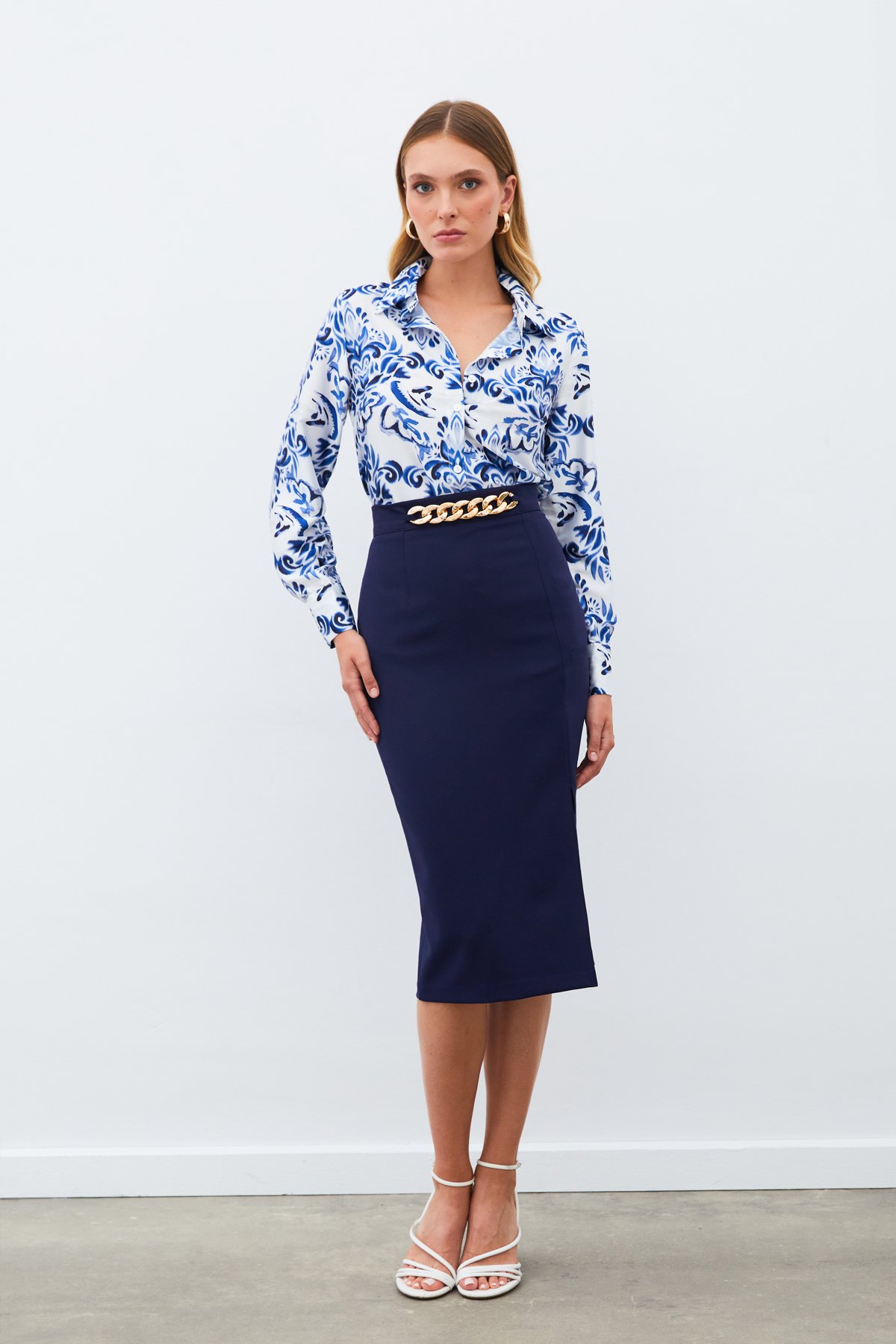 Zincir Detaylı Kalem Etek - LACİVERT