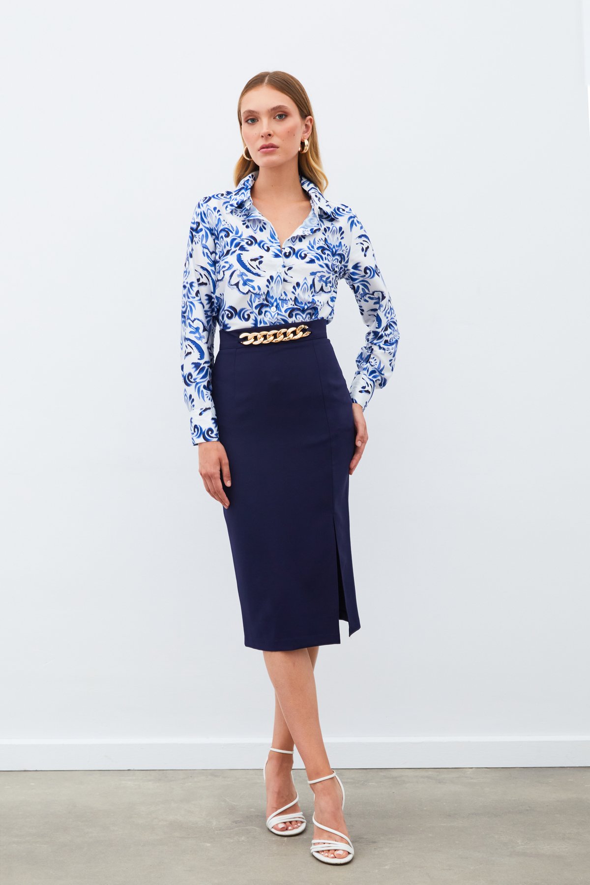 Chain Detailed Pencil Skirt - BLUE