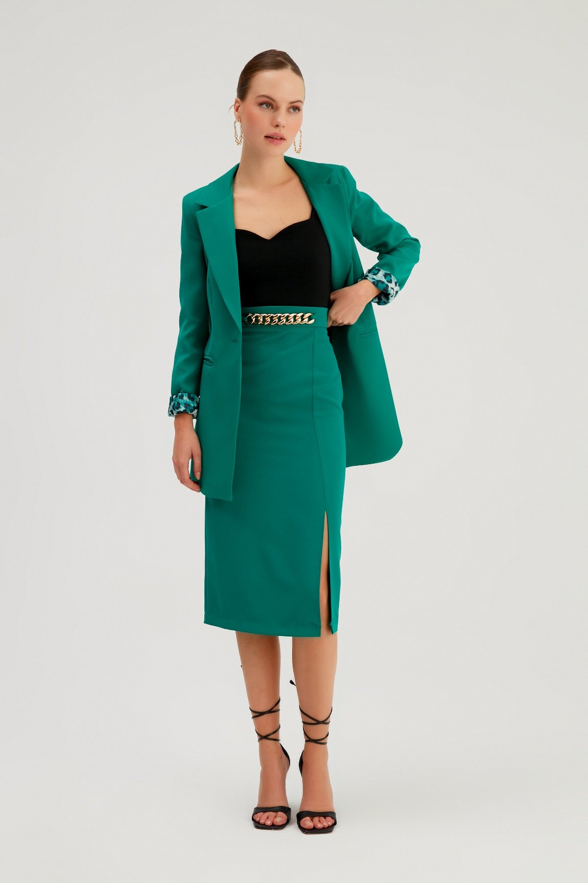 Zincir Detaylı Kalem Etek - ZÜMRÜT