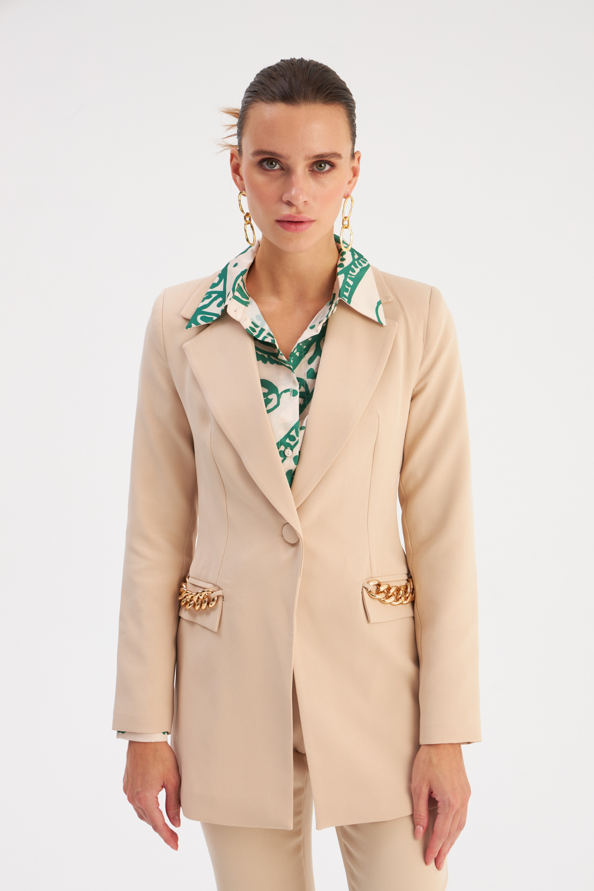 Zincir Detaylı Uzun Ceket - BEJ