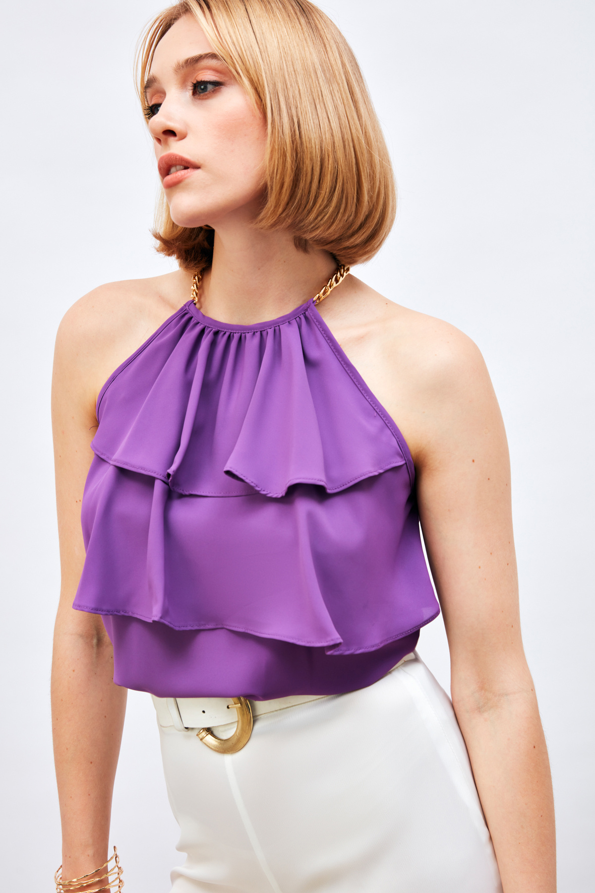 Chain Detailed Ruffle Blouse - PURPLE