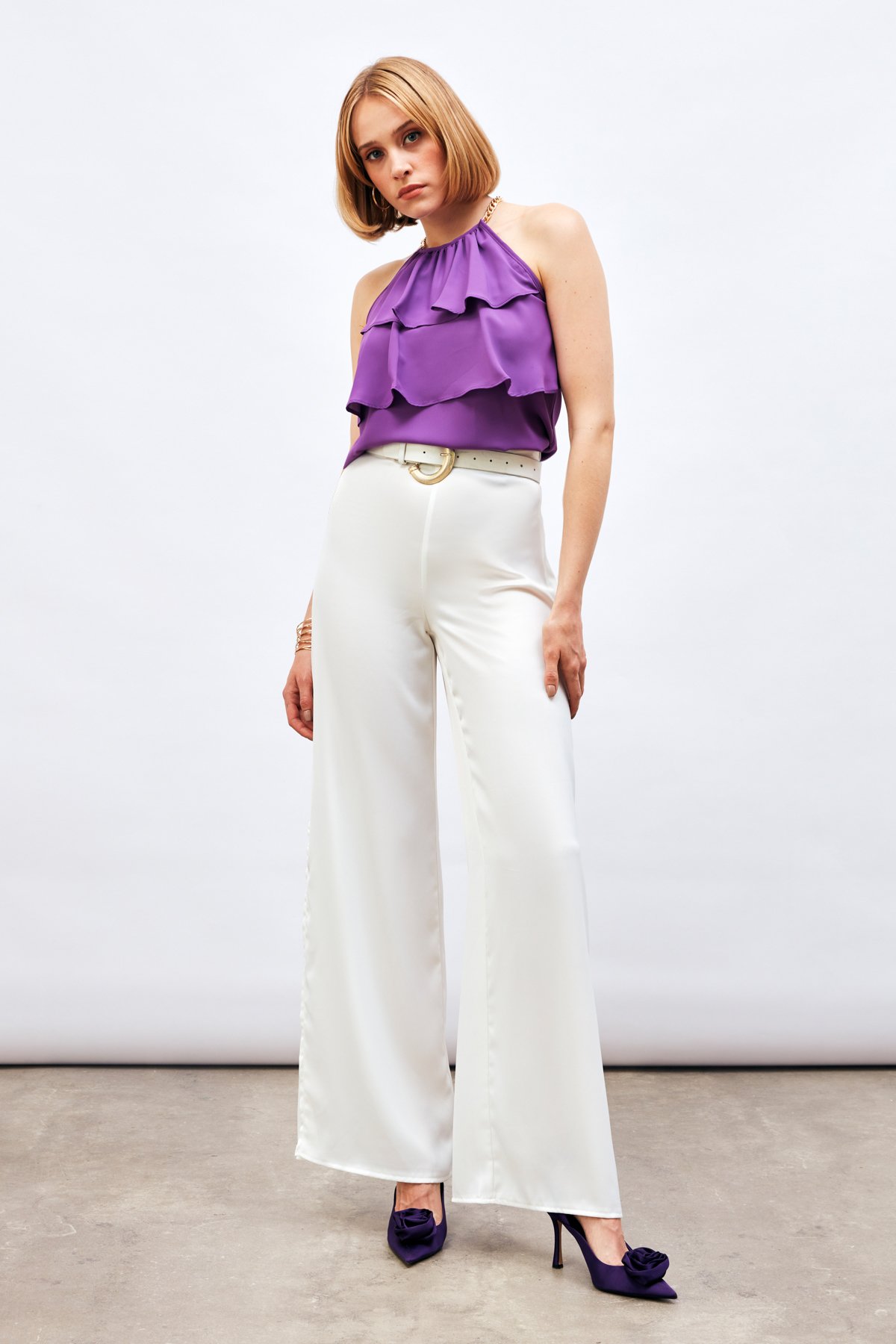 Chain Detailed Ruffle Blouse - PURPLE