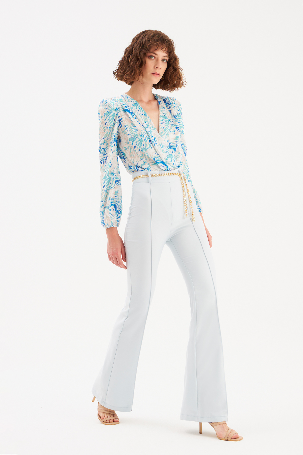 Zincir kemer ispanyol paça pantolon - BEBE MAVİ